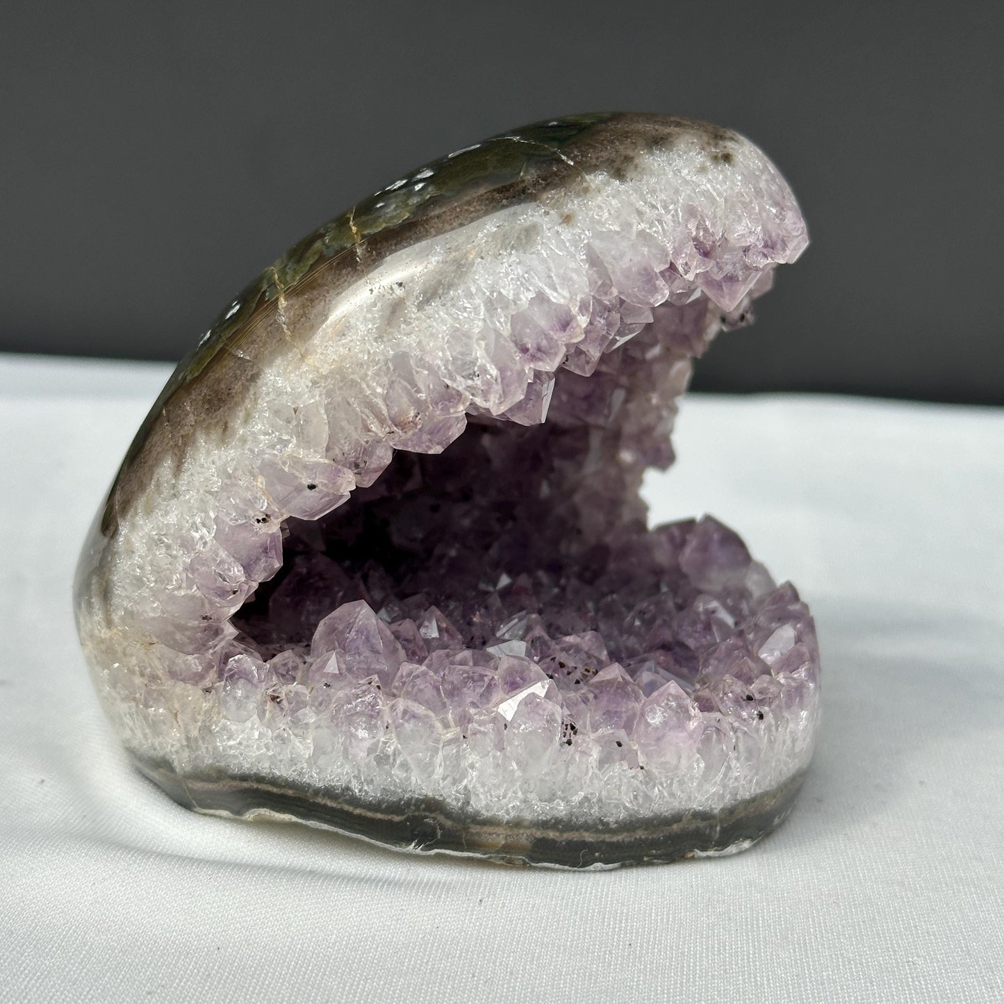 Brazilian Amethyst with Black Tourmaline Symbiosis, Shark Mouth Shape Geode Cluster, Polished Matrix Crystal Specimen Exact 1.62lb - view 3