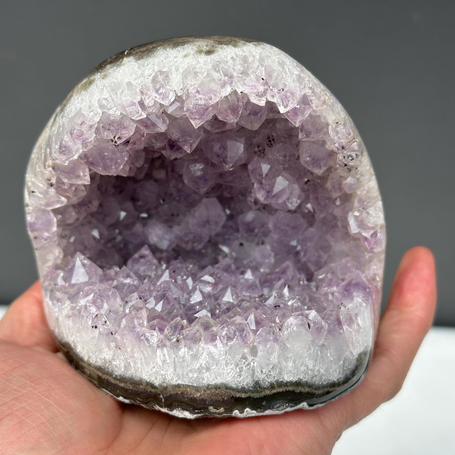 Brazilian Amethyst with Black Tourmaline Symbiosis, Shark Mouth Shape Geode Cluster, Polished Matrix Crystal Specimen Exact 1.62lb - view 9
