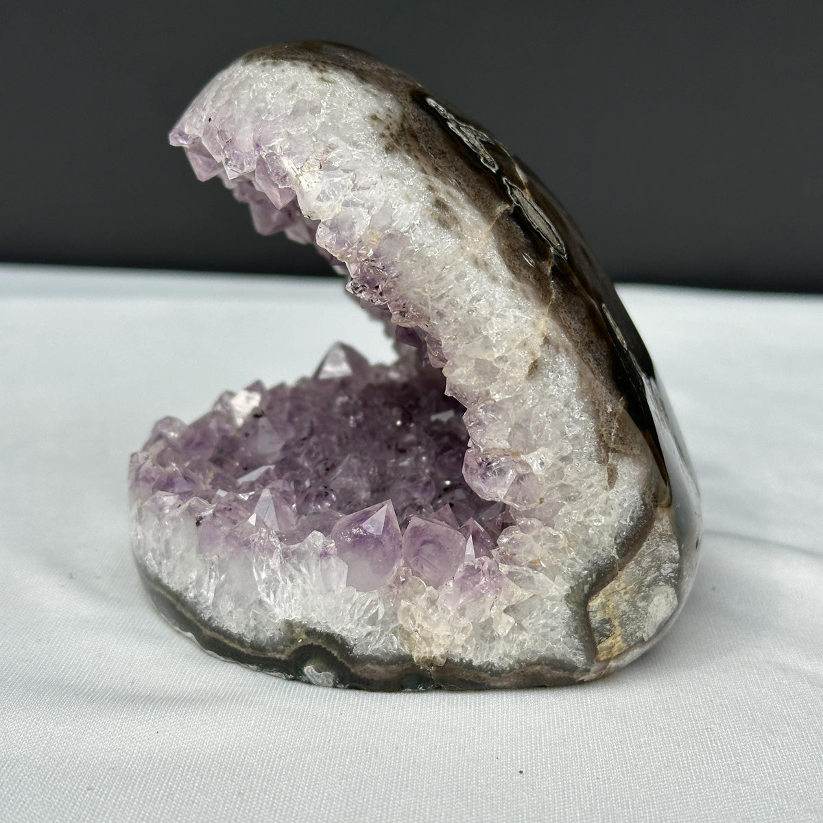 Brazilian Amethyst with Black Tourmaline Symbiosis, Shark Mouth Shape Geode Cluster, Polished Matrix Crystal Specimen Exact 1.62lb - view 7