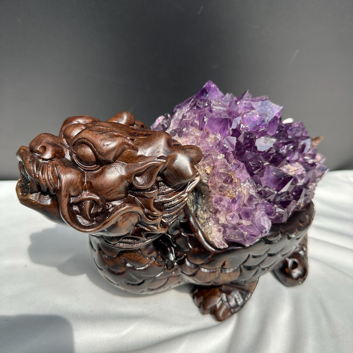 Exclusive Pair of Amethyst Dragon Turtles on Ebony Wood Stands, Hobo Original Design Feng Shui Wealth Decor, Sugar Druzy Crystal Set 14lb - view 6