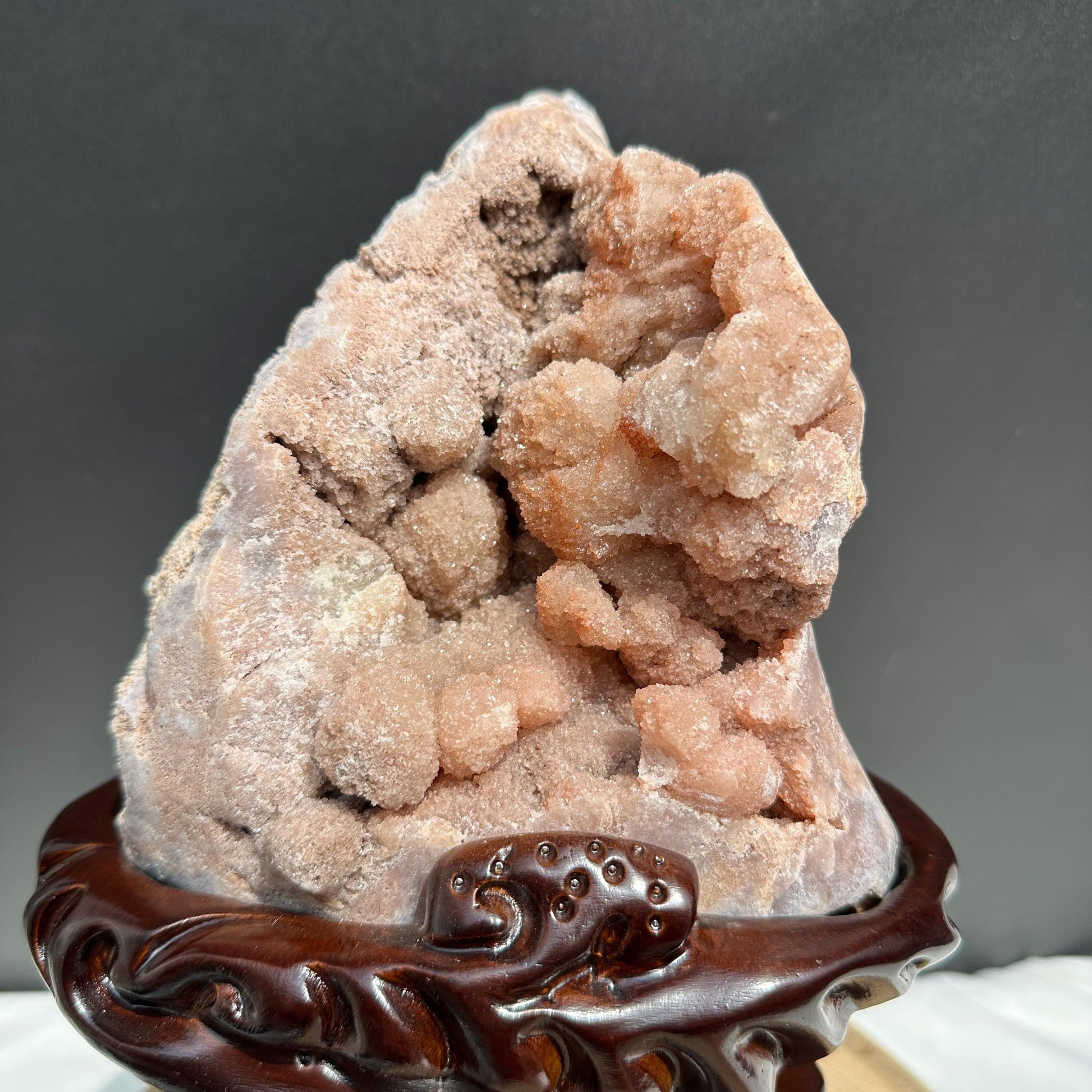 Large Pink Amethyst Geode on Custom Carved Wood Stand, Botryoidal Crystal Cluster Decor, Artisan Design by Hobo Exact Specimen 7.7lb - view 6