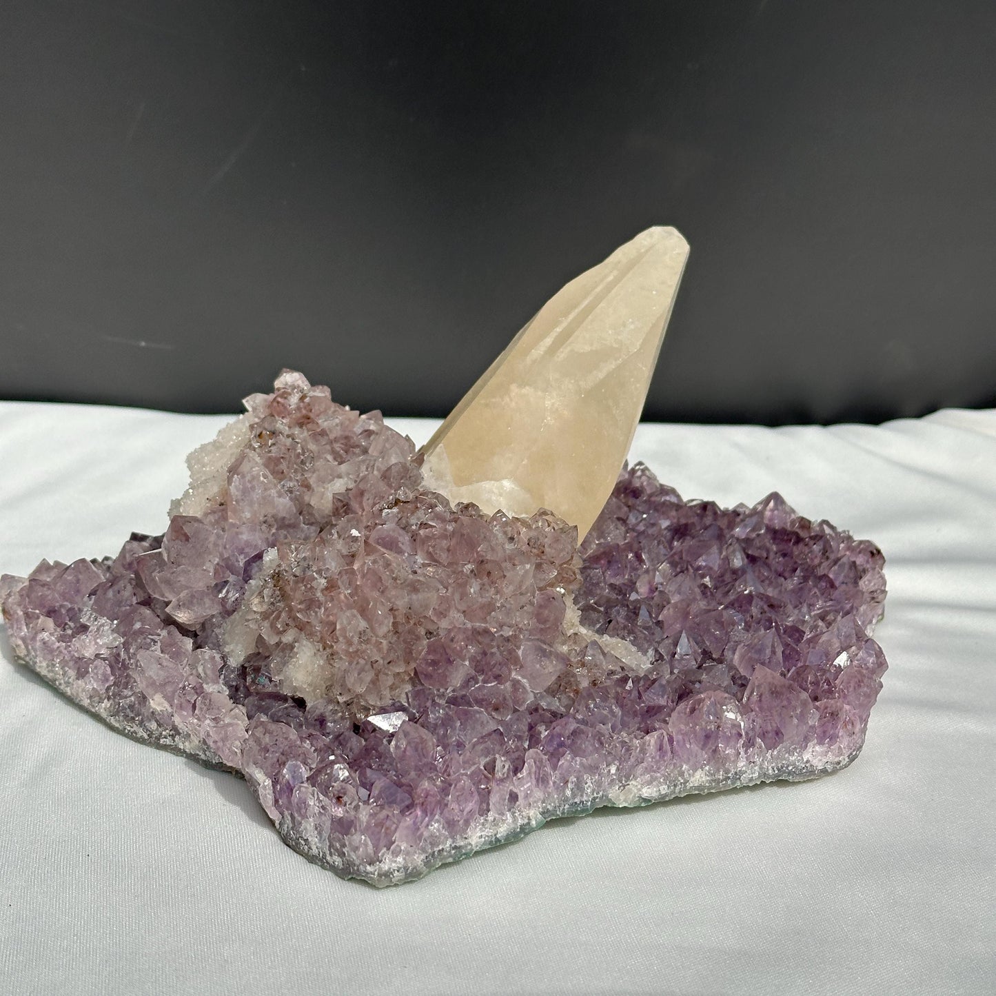 Huge Intact Calcite on Amethyst Cluster, Rare Rutilated Quartz Symbiosis Specimen, Lightly Polished Brazilian Geode by Hobo Exact 5.84lb