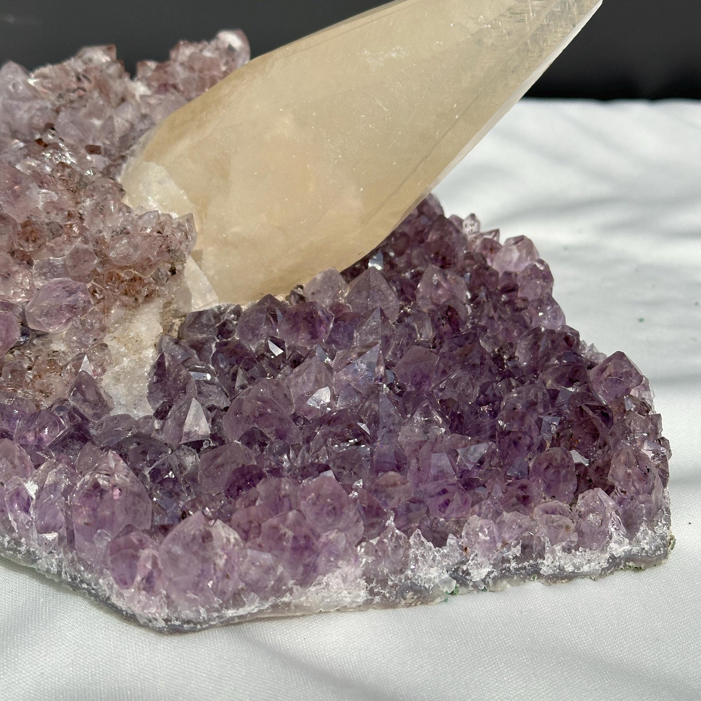 Huge Intact Calcite on Amethyst Cluster, Rare Rutilated Quartz Symbiosis Specimen, Lightly Polished Brazilian Geode by Hobo Exact 5.84lb - view 7