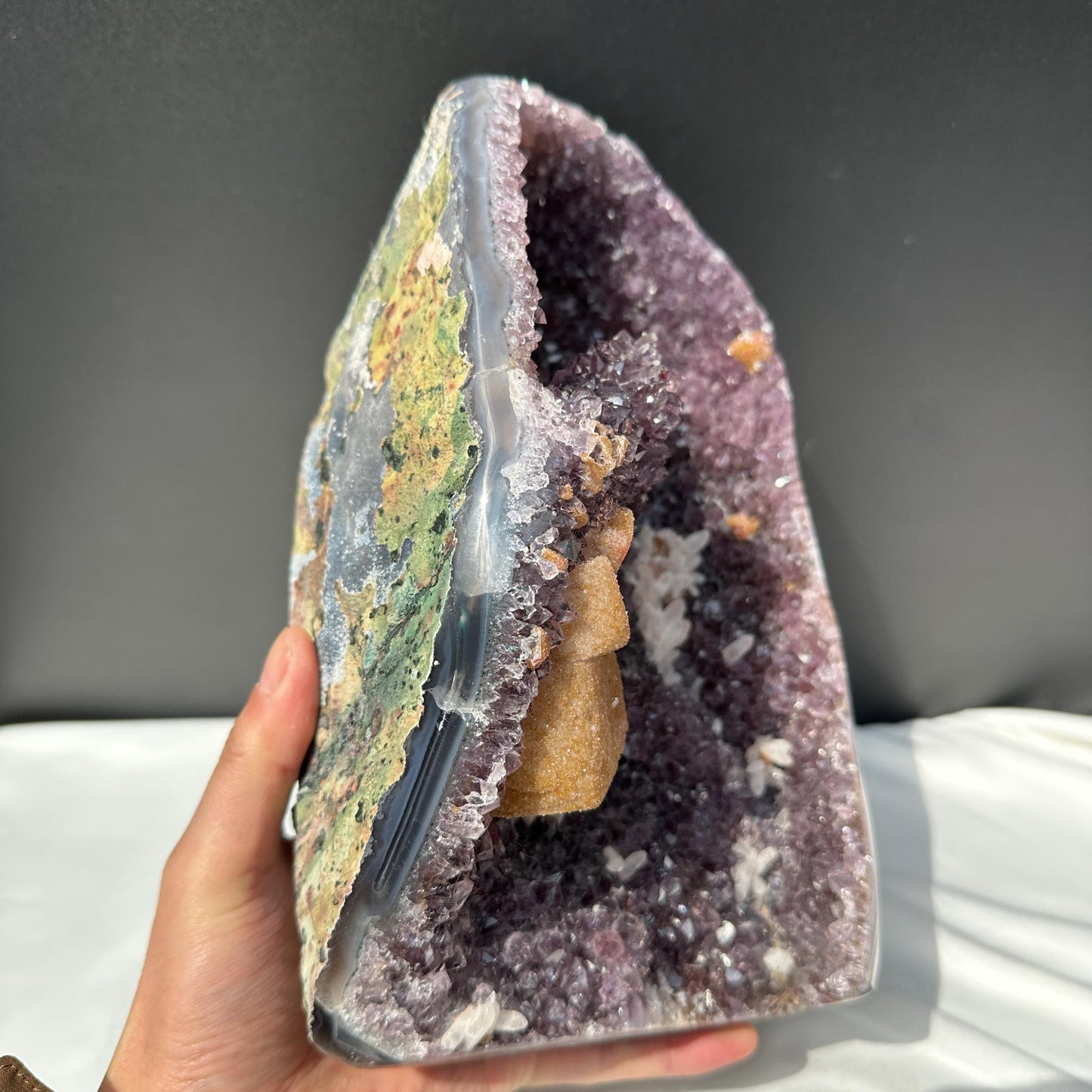 Huge Amethyst Geode Basin with Dual Calcite Symbiosis, Brazilian Crystal Wealth Bowl, Artisan Polished Specimen Exact 11.46lb - view 5