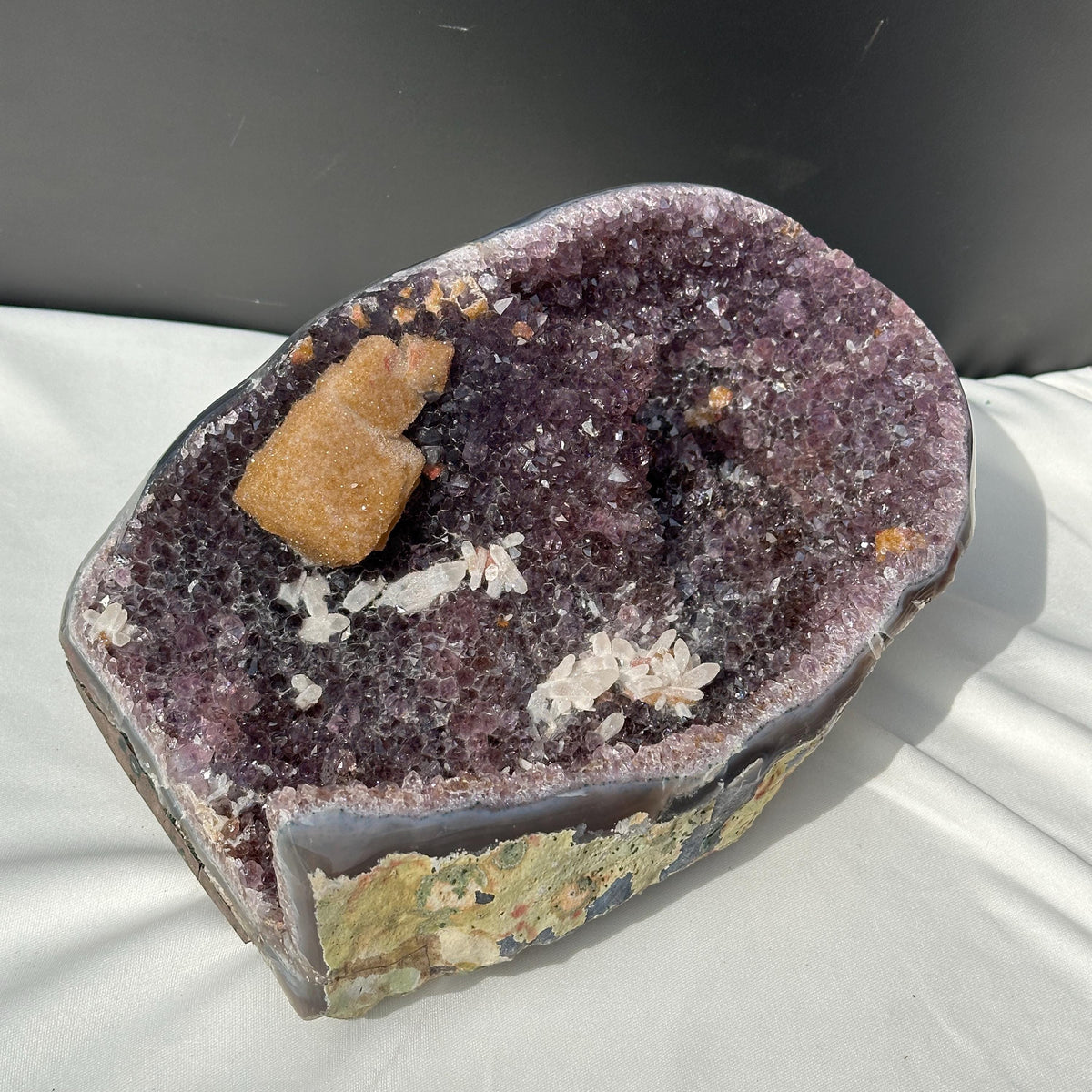 Huge Amethyst Geode Basin with Dual Calcite Symbiosis, Brazilian Crystal Wealth Bowl, Artisan Polished Specimen Exact 11.46lb - view 3