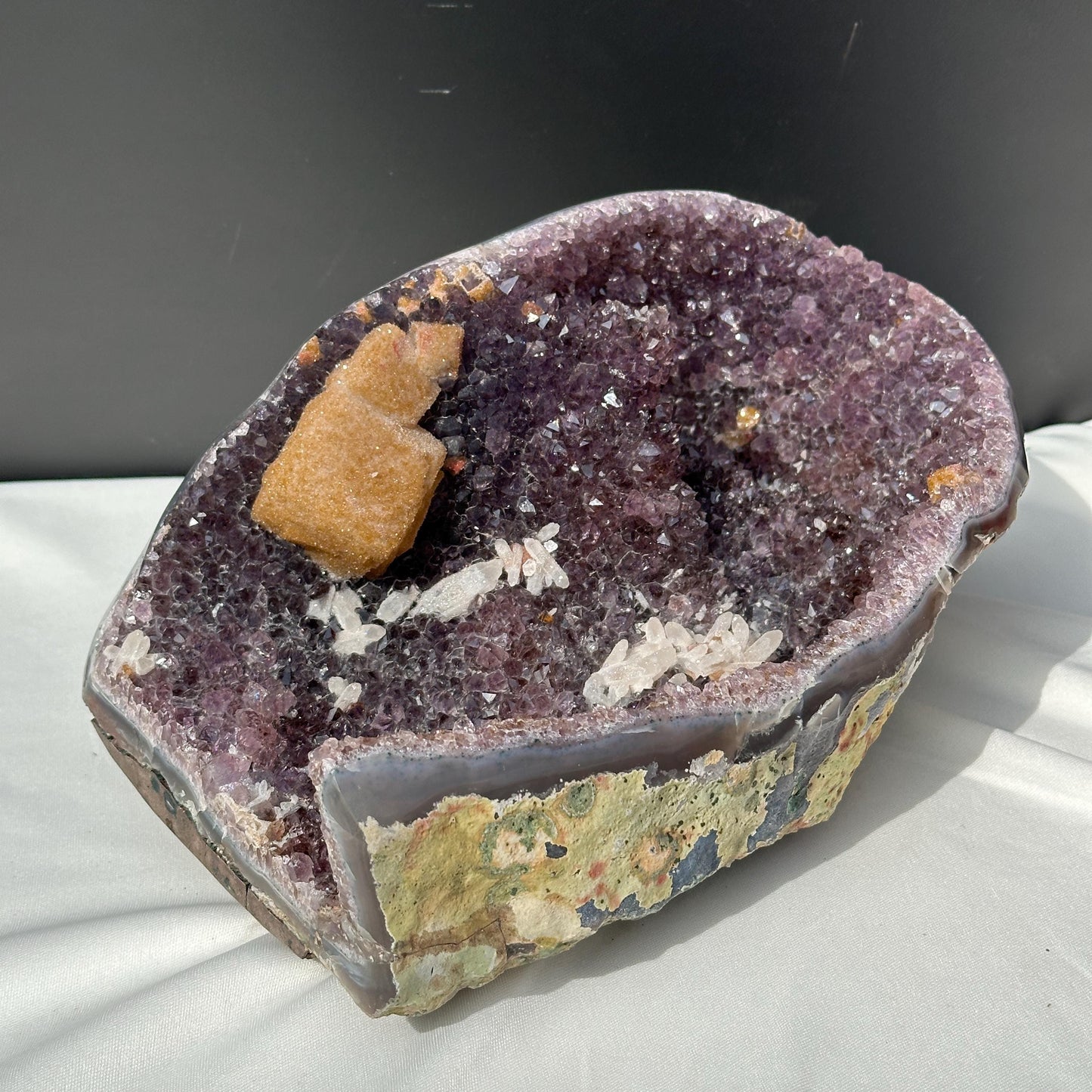 Huge Amethyst Geode Basin with Dual Calcite Symbiosis, Brazilian Crystal Wealth Bowl, Artisan Polished Specimen Exact 11.46lb