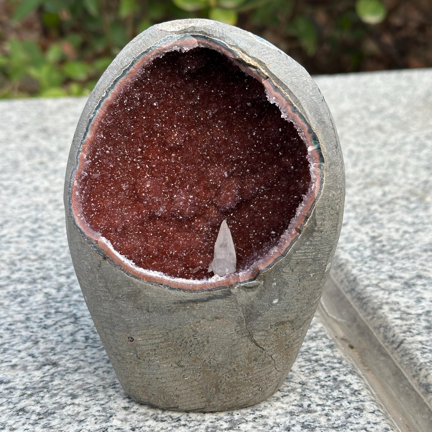 Rare Red Amethyst Geode Cave with Calcite Symbiosis, Uruguayan Sugar Druzy Crystal Nest, Polished Quartz Altar Decor Exact 2.65lb