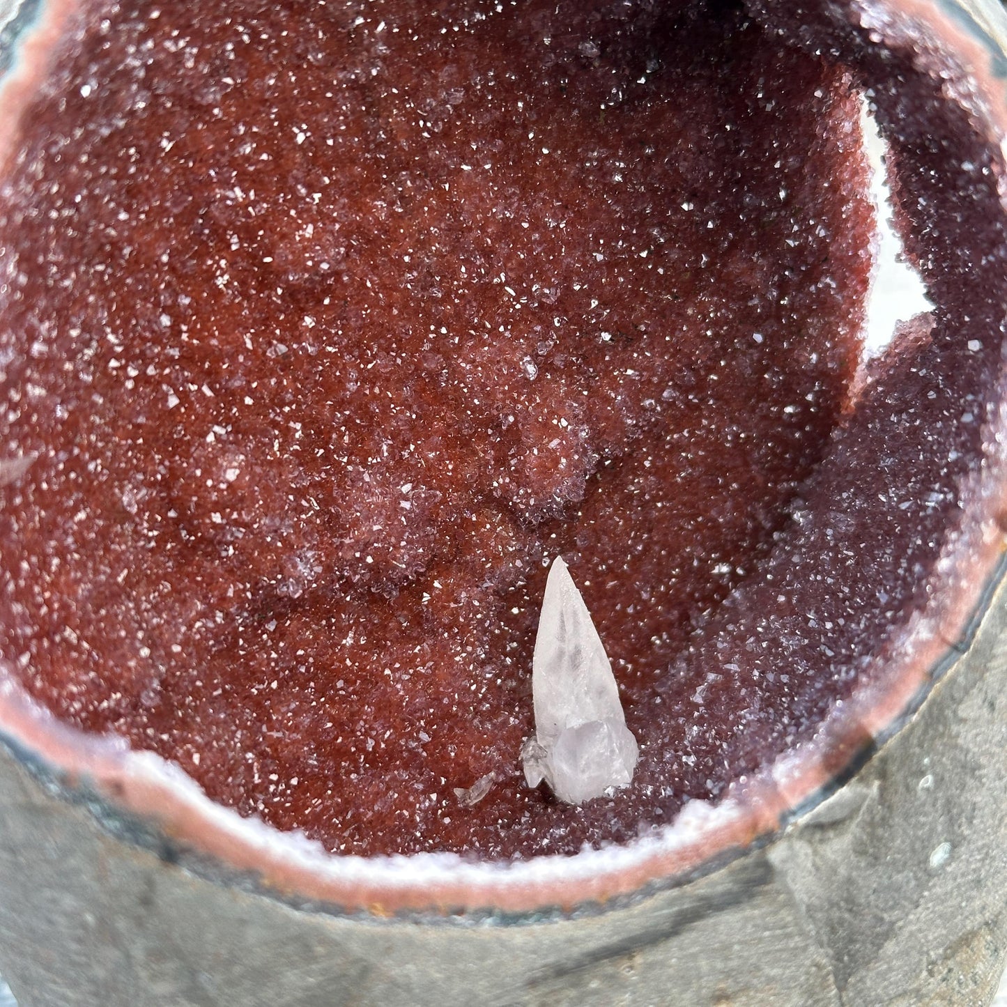 Rare Red Amethyst Geode Cave with Calcite Symbiosis, Uruguayan Sugar Druzy Crystal Nest, Polished Quartz Altar Decor Exact 2.65lb - view 6