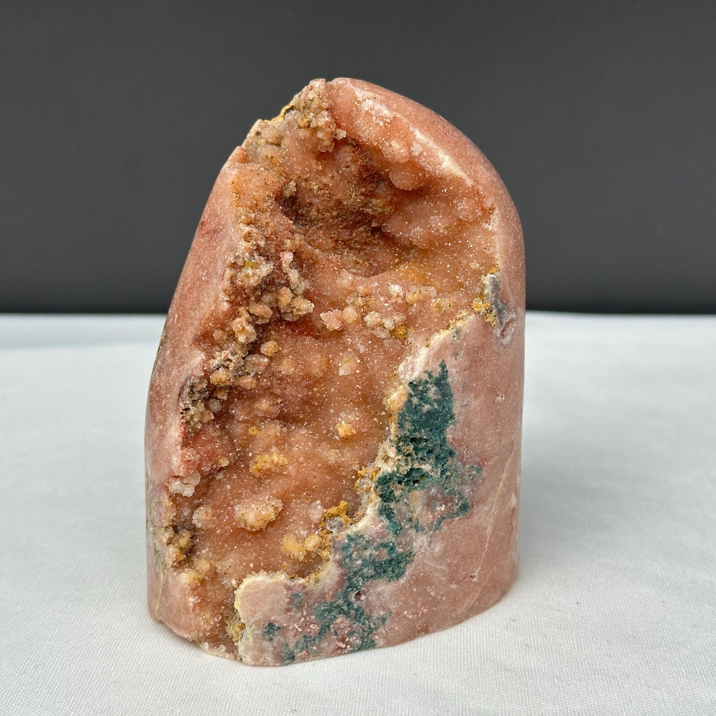 Chunky Pink Amethyst Freeform Geode, Polished Brazilian Crystal Standing Stone with Green Symbiosis, Earthy Room Decor Exact 2.04lb