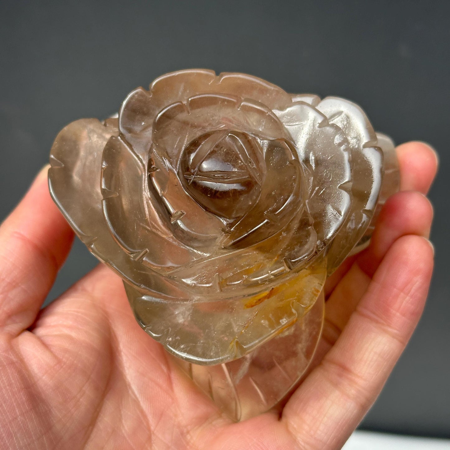 Hand-Carved Smoky Quartz Flower with Stand, Translucent Brazilian Tea Crystal Rose Sculpture, Grounding Decor Exact Specimen 0.82lb
