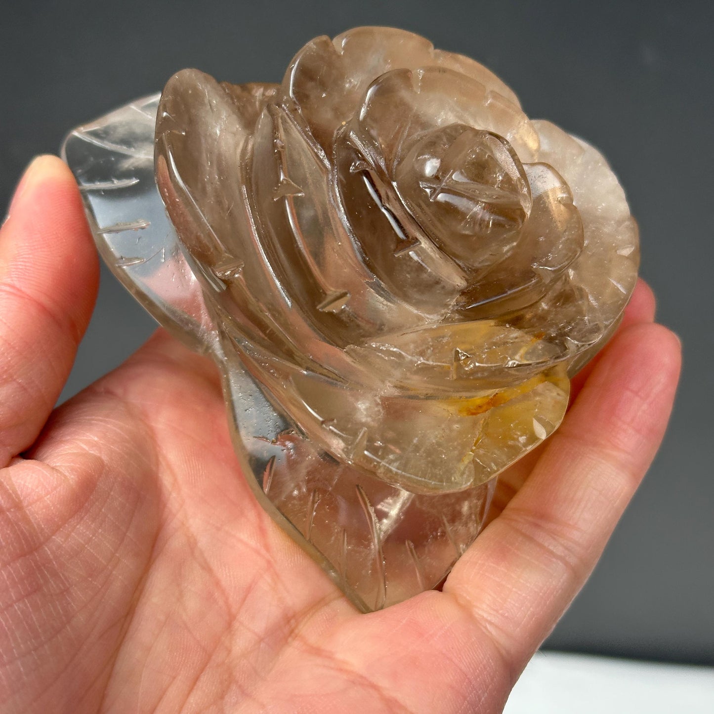 Hand-Carved Smoky Quartz Flower with Stand, Translucent Brazilian Tea Crystal Rose Sculpture, Grounding Decor Exact Specimen 0.82lb