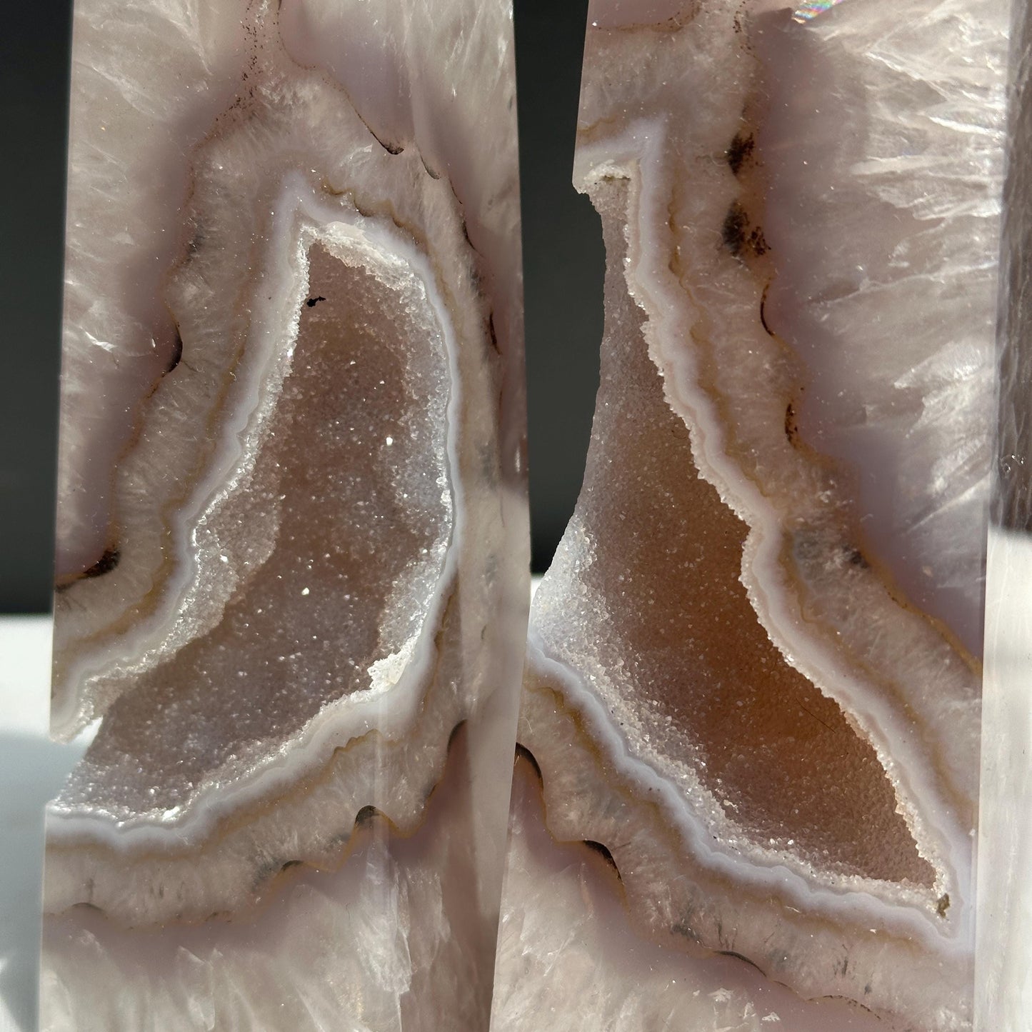 Natural Agate Geode Tower Pair, Brazilian Crystal Obelisk Set with Druzy Cave, Polished Quartz Wand Decor Exact Specimen 2.2lb
