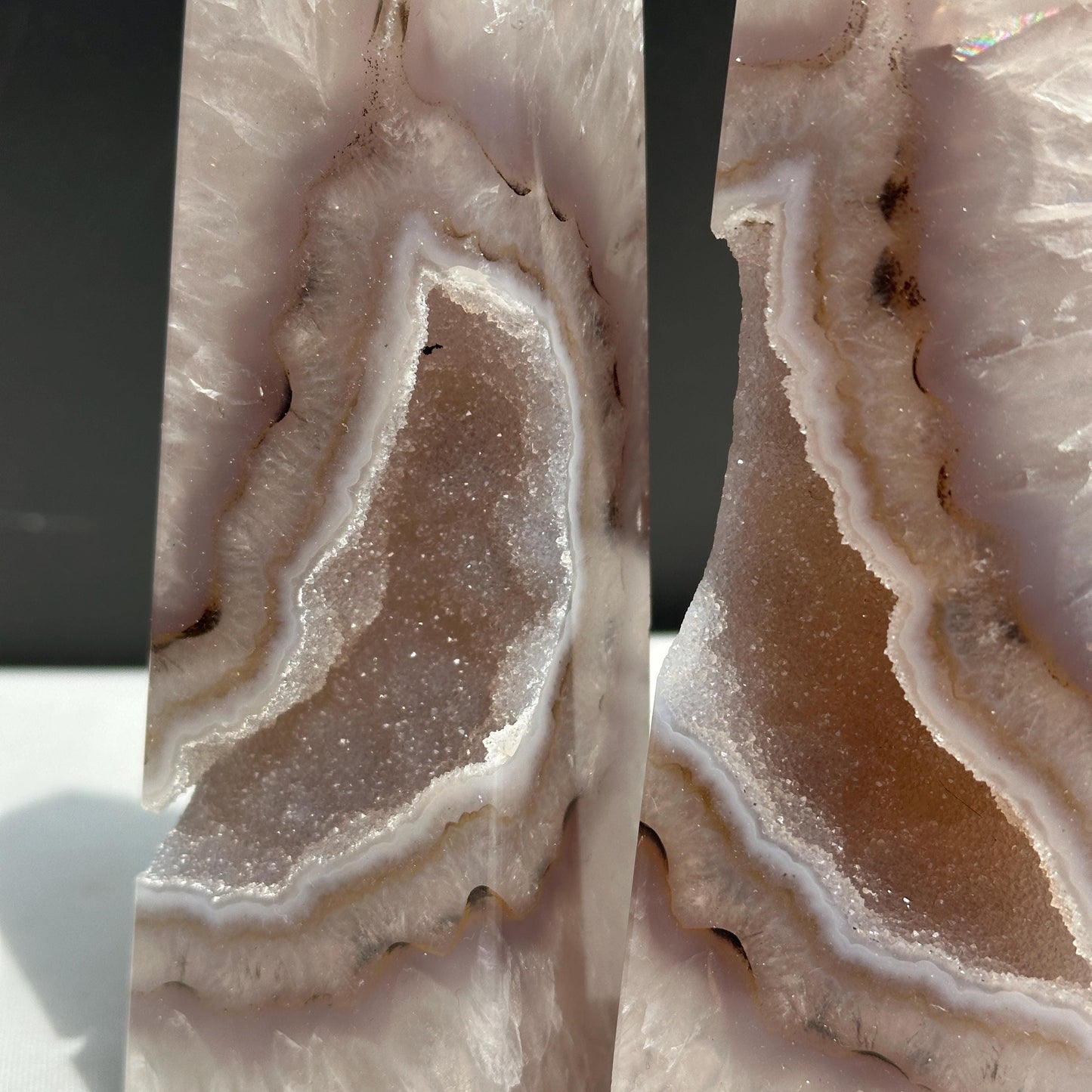 Natural Agate Geode Tower Pair, Brazilian Crystal Obelisk Set with Druzy Cave, Polished Quartz Wand Decor Exact Specimen 2.2lb
