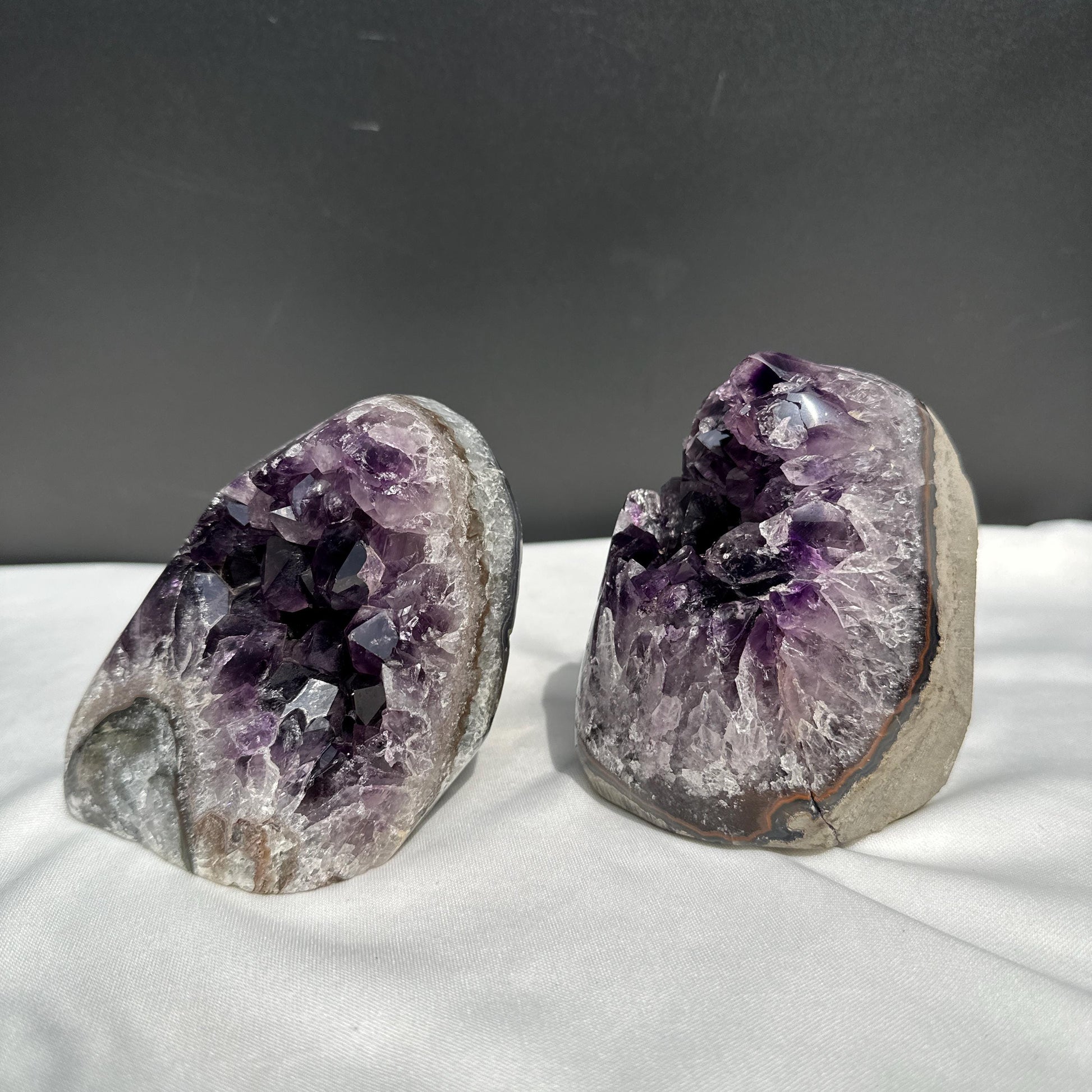 Deep Purple Uruguayan Amethyst Geode Pair, Large Point Crystal Cluster Set, Polished Natural Mineral Specimen Decor Exact 4.63lb - view 2