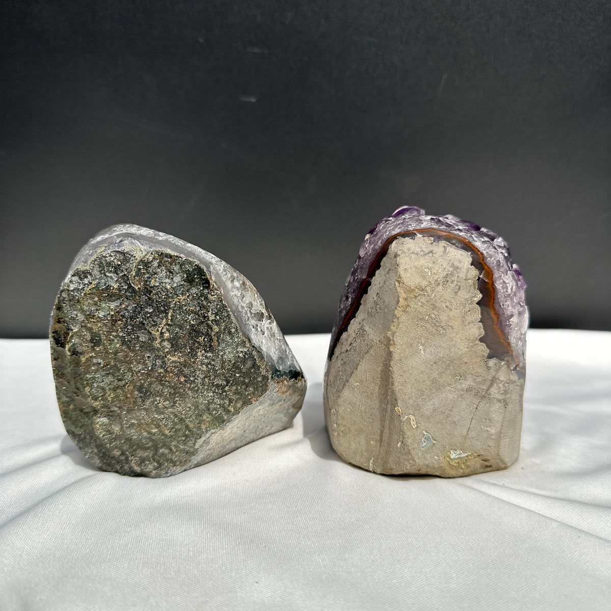 Deep Purple Uruguayan Amethyst Geode Pair, Large Point Crystal Cluster Set, Polished Natural Mineral Specimen Decor Exact 4.63lb - view 4