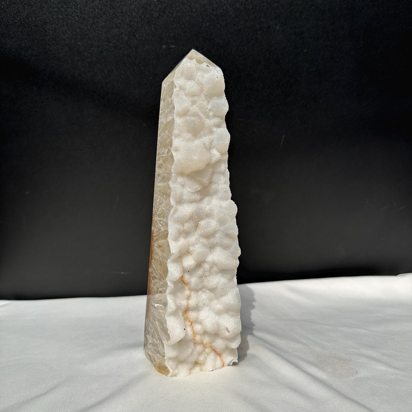 White Sugar Druzy Agate Tower, Botryoidal Crystal Geode Obelisk, Polished Brazilian Mineral Specimen Wand Exact 3.2lb