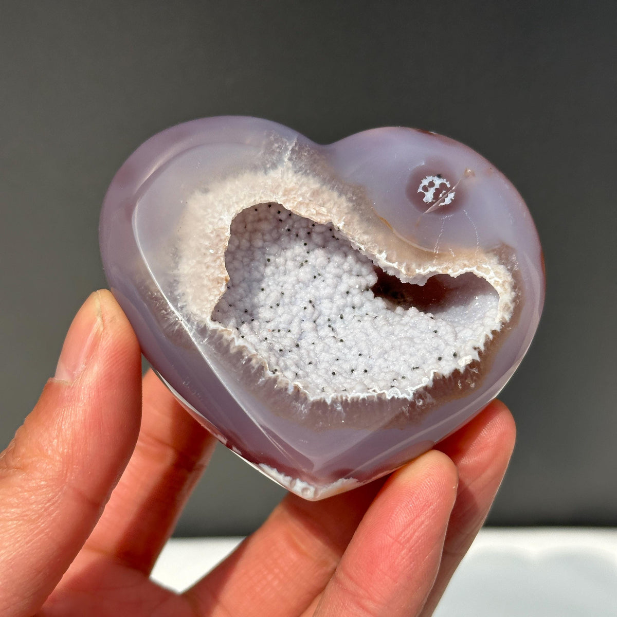 White Sugar Druzy Agate Heart on Free Stand, Polished Brazilian Crystal Geode Decor, Small Mineral Specimen Exact 0.33lb - view 2