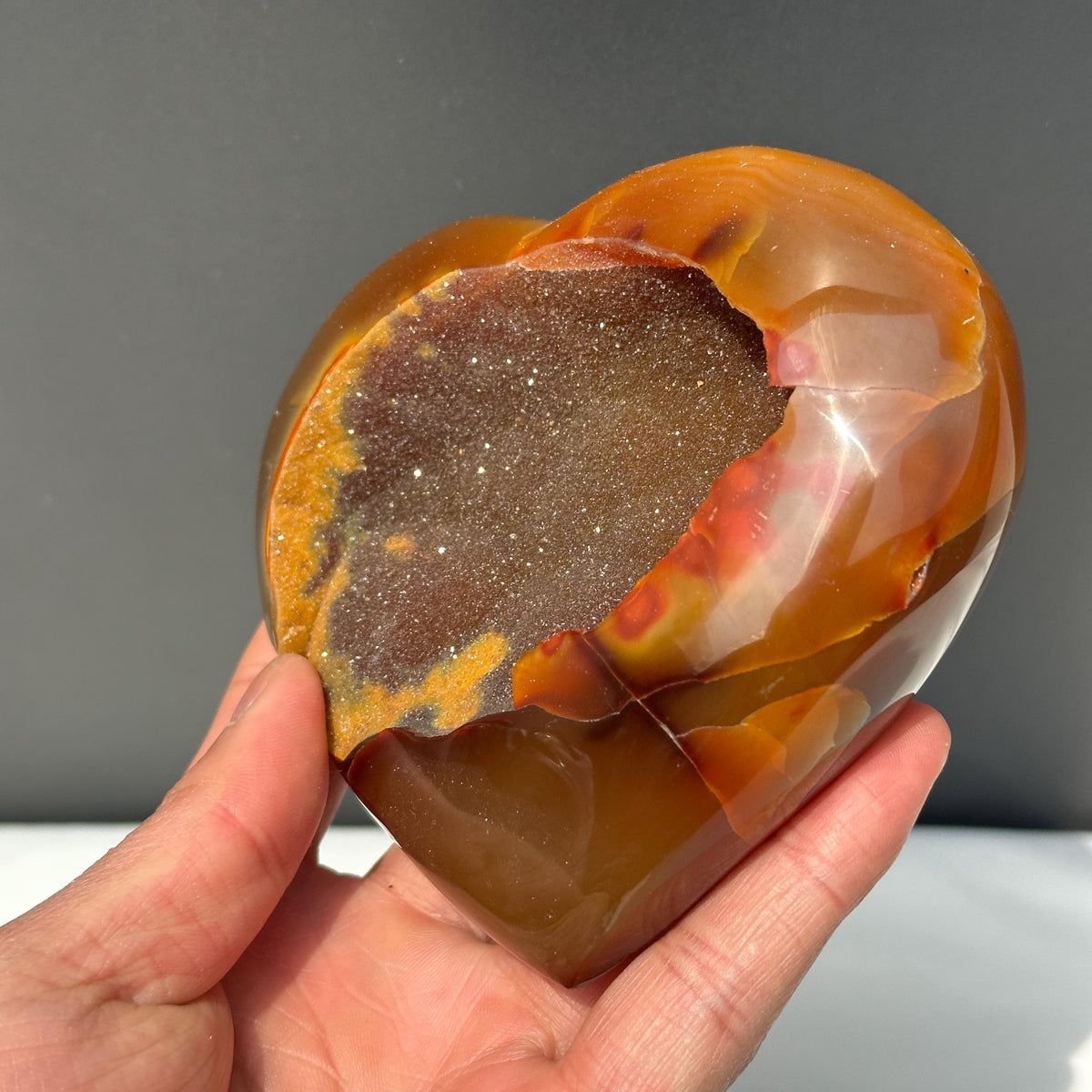 Large Red Agate Heart with Huge Druzy Cave, Polished Brazilian Crystal Geode on Free Stand, Natural Mineral Decor Exact Specimen 1.21lb - view 4