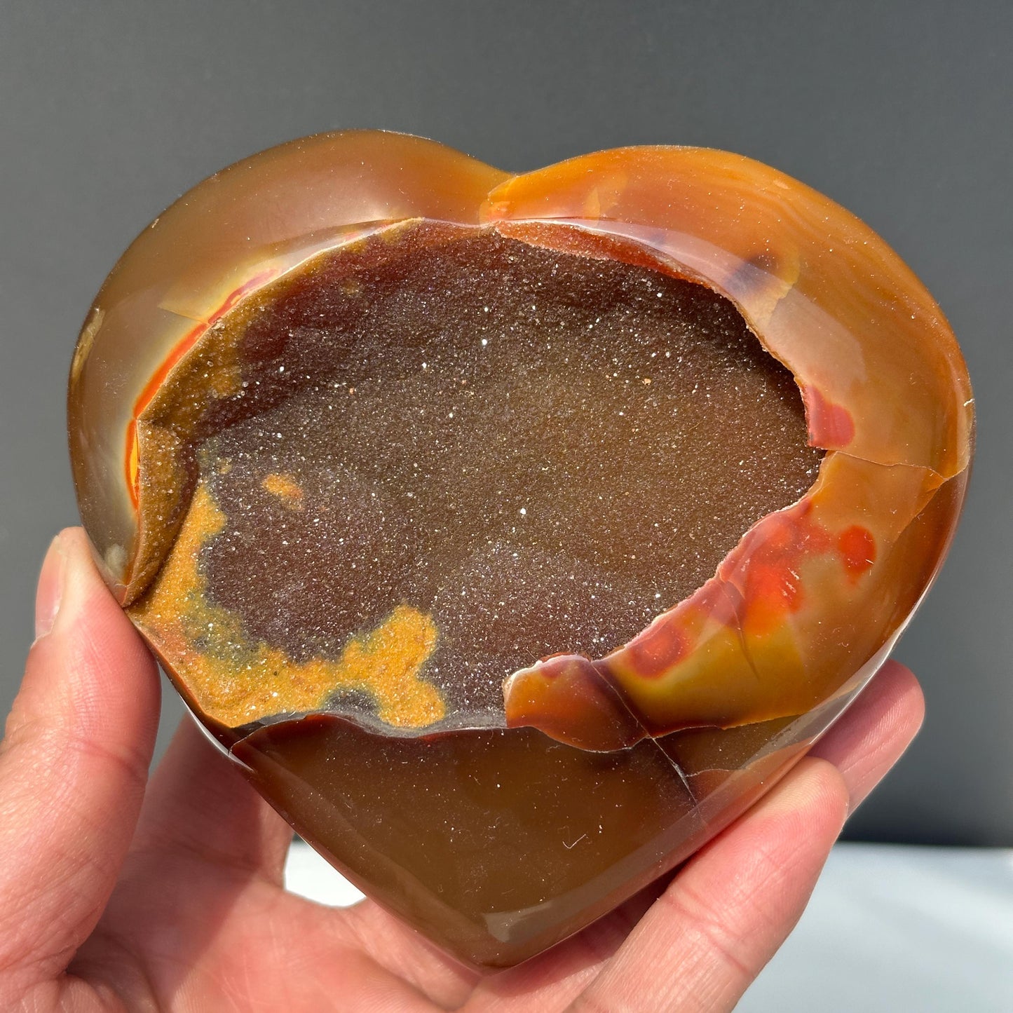 Large Red Agate Heart with Huge Druzy Cave, Polished Brazilian Crystal Geode on Free Stand, Natural Mineral Decor Exact Specimen 1.21lb