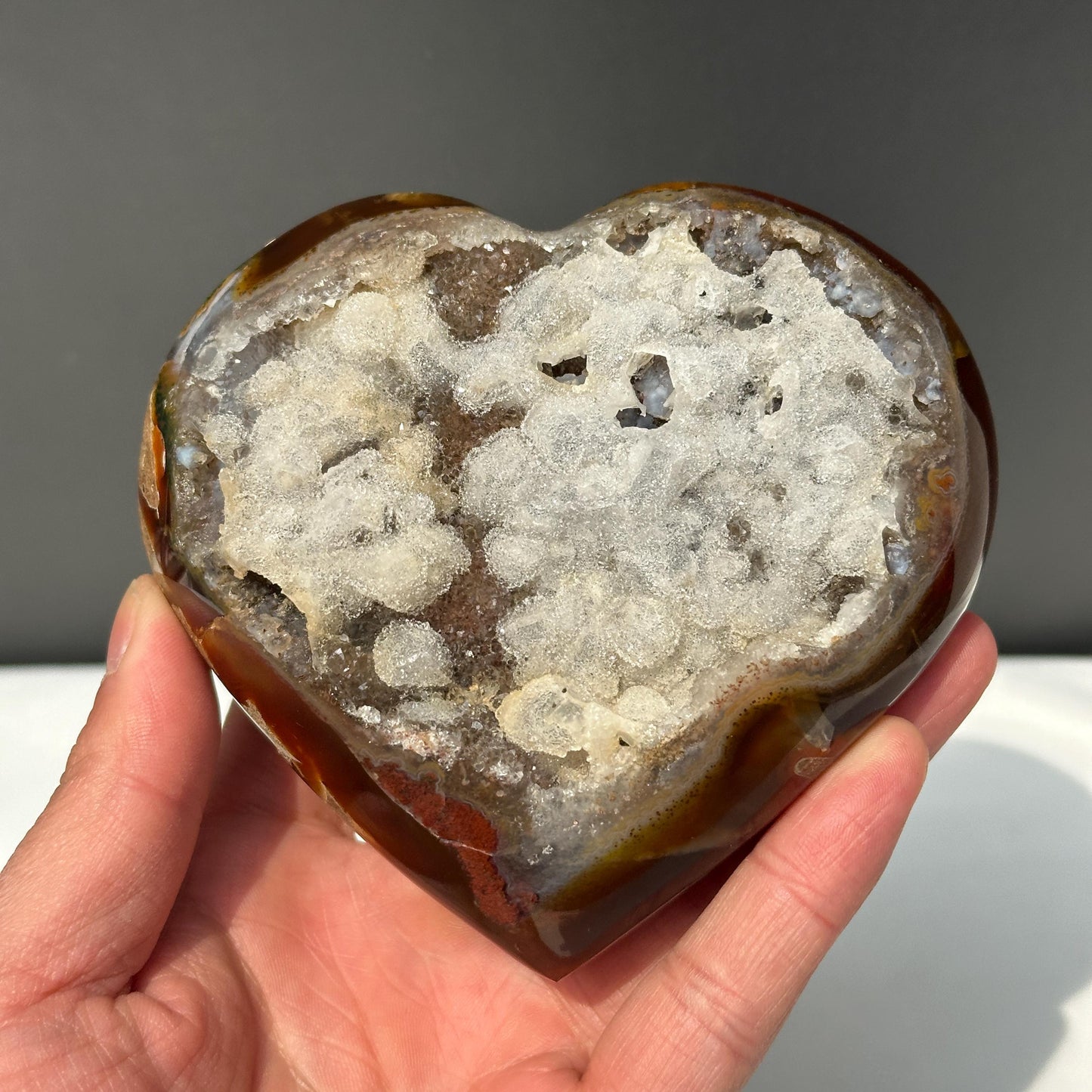 Brazilian Agate Heart Geode, Full White Calcite Symbiosis, Polished Crystal Decor, Rare Natural Mineral Specimen Exact 1.32lb
