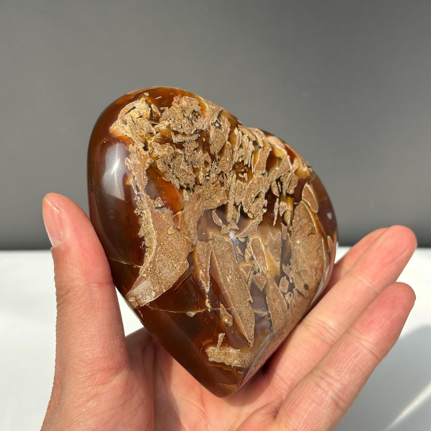 Brazilian Agate Heart Geode, Full White Calcite Symbiosis, Polished Crystal Decor, Rare Natural Mineral Specimen Exact 1.32lb - view 5