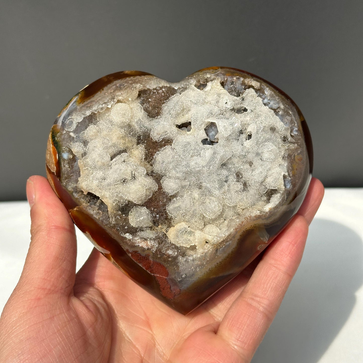 Brazilian Agate Heart Geode, Full White Calcite Symbiosis, Polished Crystal Decor, Rare Natural Mineral Specimen Exact 1.32lb - view 7