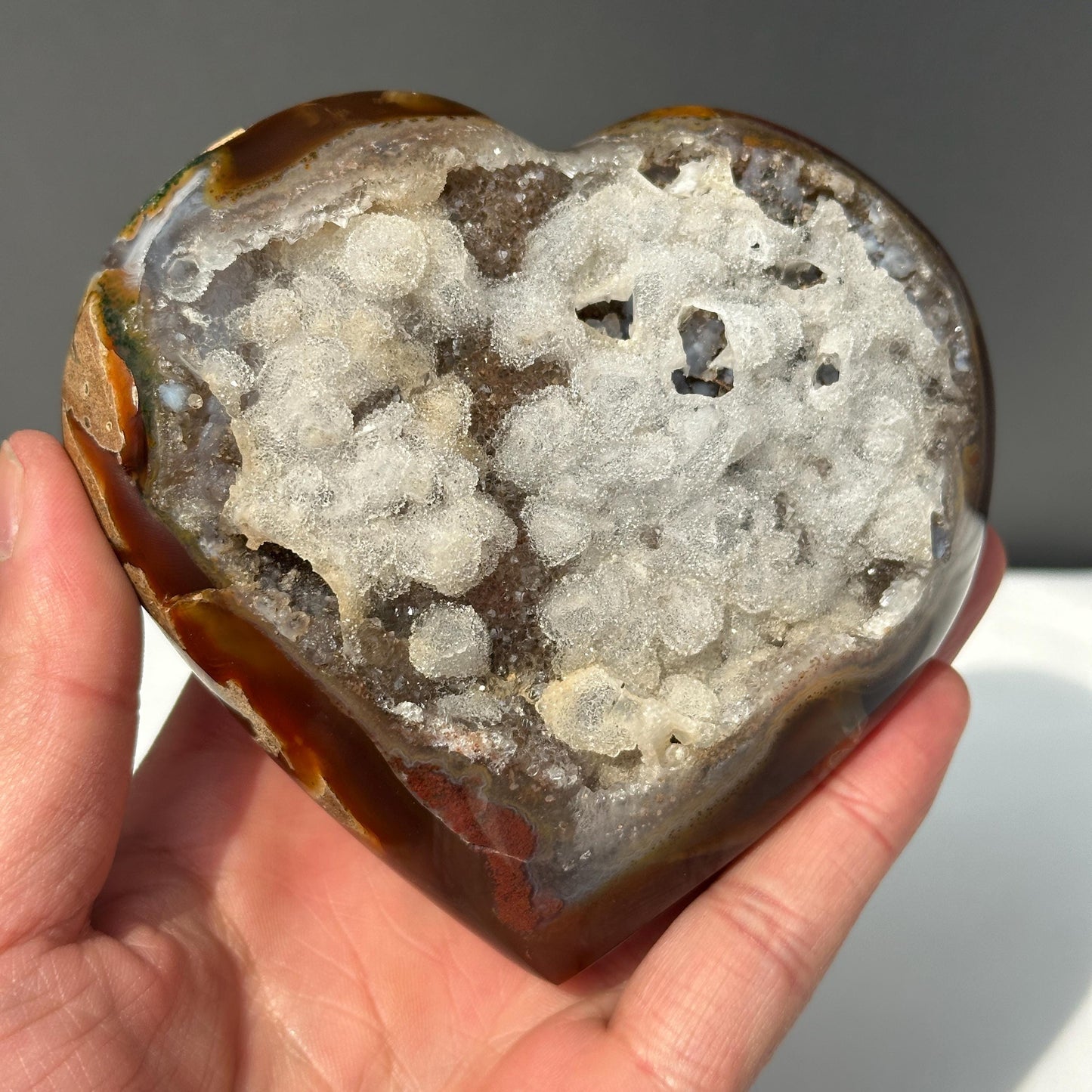 Brazilian Agate Heart Geode, Full White Calcite Symbiosis, Polished Crystal Decor, Rare Natural Mineral Specimen Exact 1.32lb - view 9