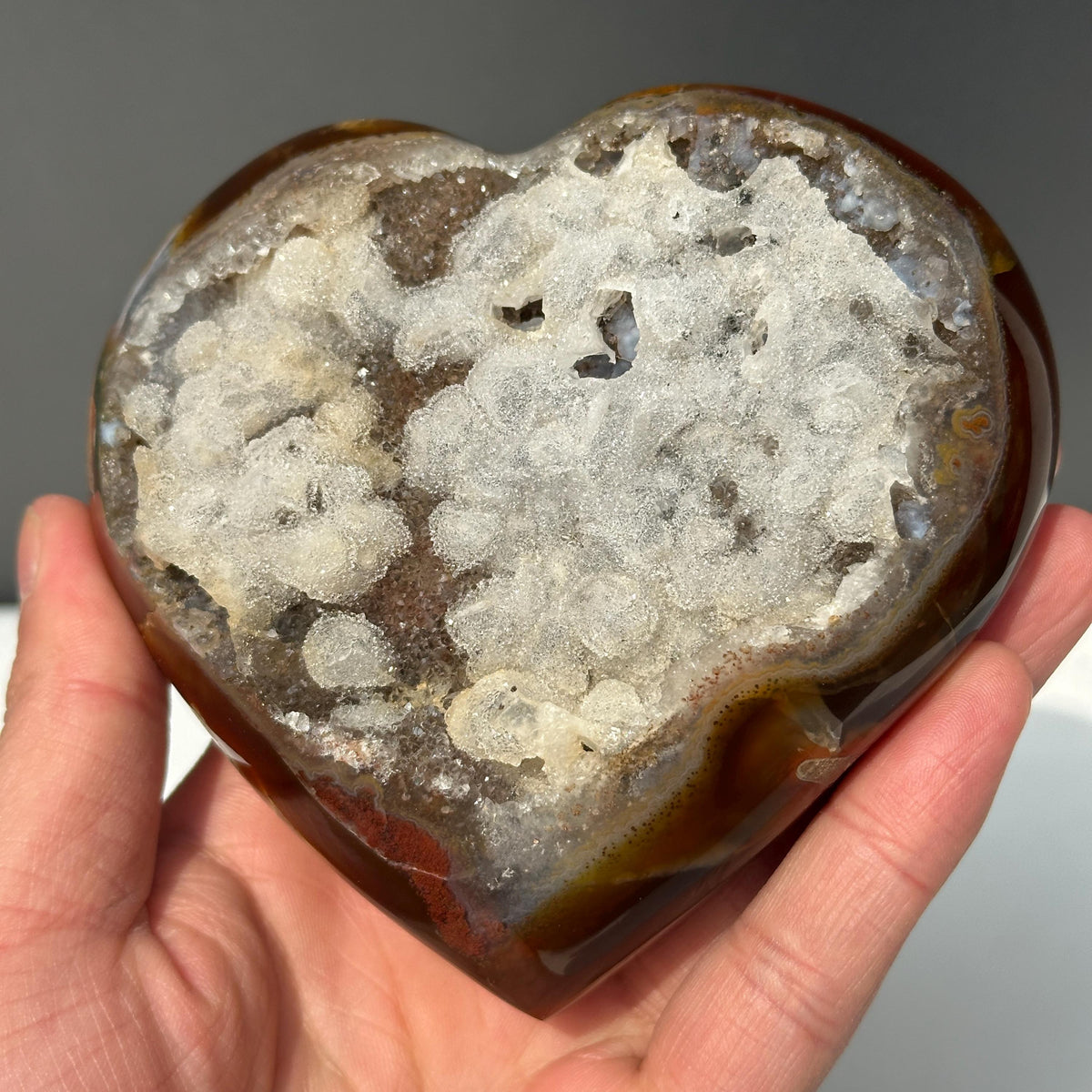 Brazilian Agate Heart Geode, Full White Calcite Symbiosis, Polished Crystal Decor, Rare Natural Mineral Specimen Exact 1.32lb - view 8