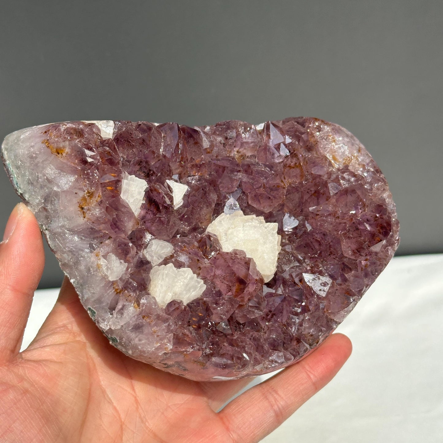 Rare Amethyst & Golden Rutile Cluster with Calcite Flower Symbiosis, Polished Crystal Specimen on Stand, Altar Decor Exact 1.85lb