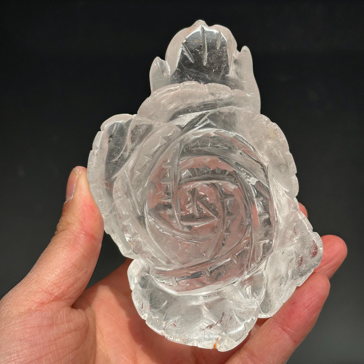 Hand-Carved Clear Quartz Lotus Flower Sculpture, Transparent Crystal Carving on Wave Base, Home Decor Masterpiece Exact Specimen 1.12lb - view 6