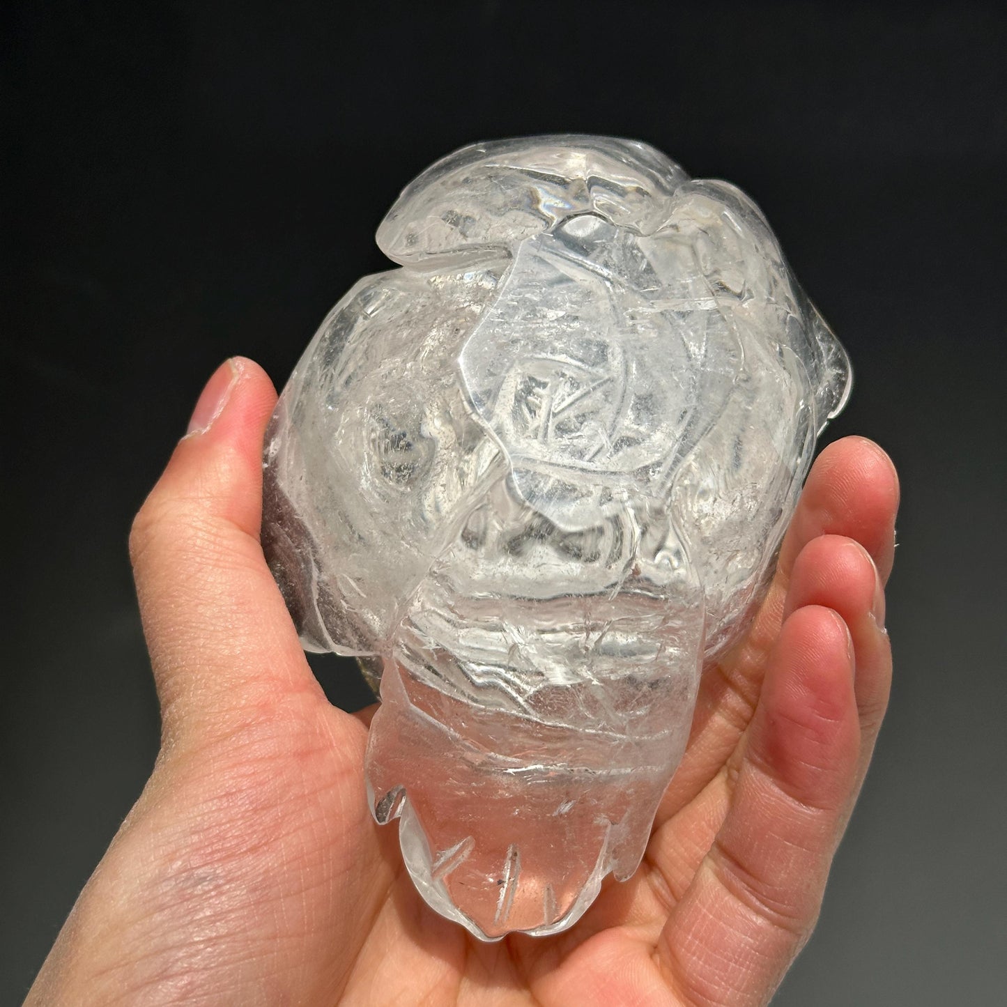 Hand-Carved Clear Quartz Lotus Flower Sculpture, Transparent Crystal Carving on Wave Base, Home Decor Masterpiece Exact Specimen 1.12lb