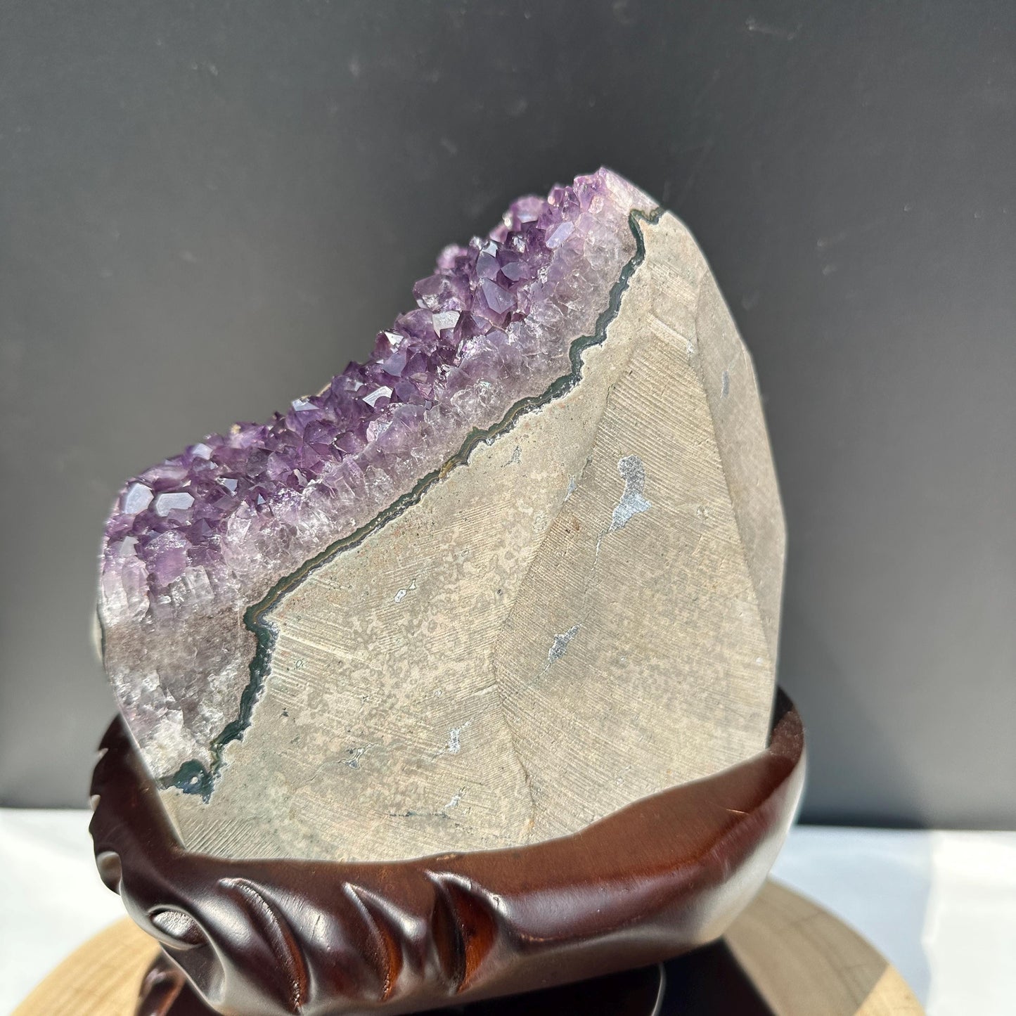 Special Offer 10.2lb Brazilian Amethyst Cluster with Custom Wood Stand, Raw Purple Quartz Geode Decor, Exact Specimen 10.6" Tall