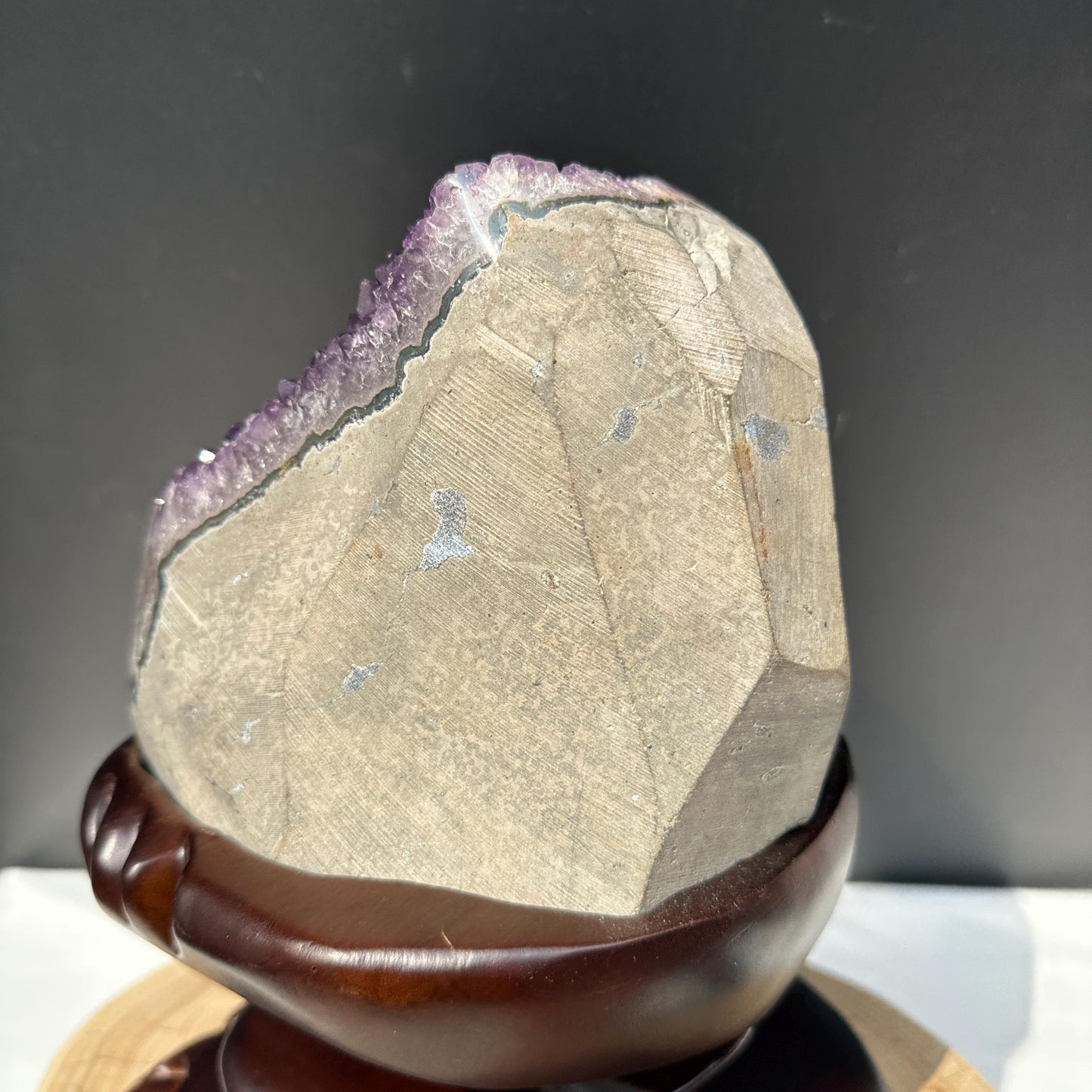 Special Offer 10.2lb Brazilian Amethyst Cluster with Custom Wood Stand, Raw Purple Quartz Geode Decor, Exact Specimen 10.6" Tall