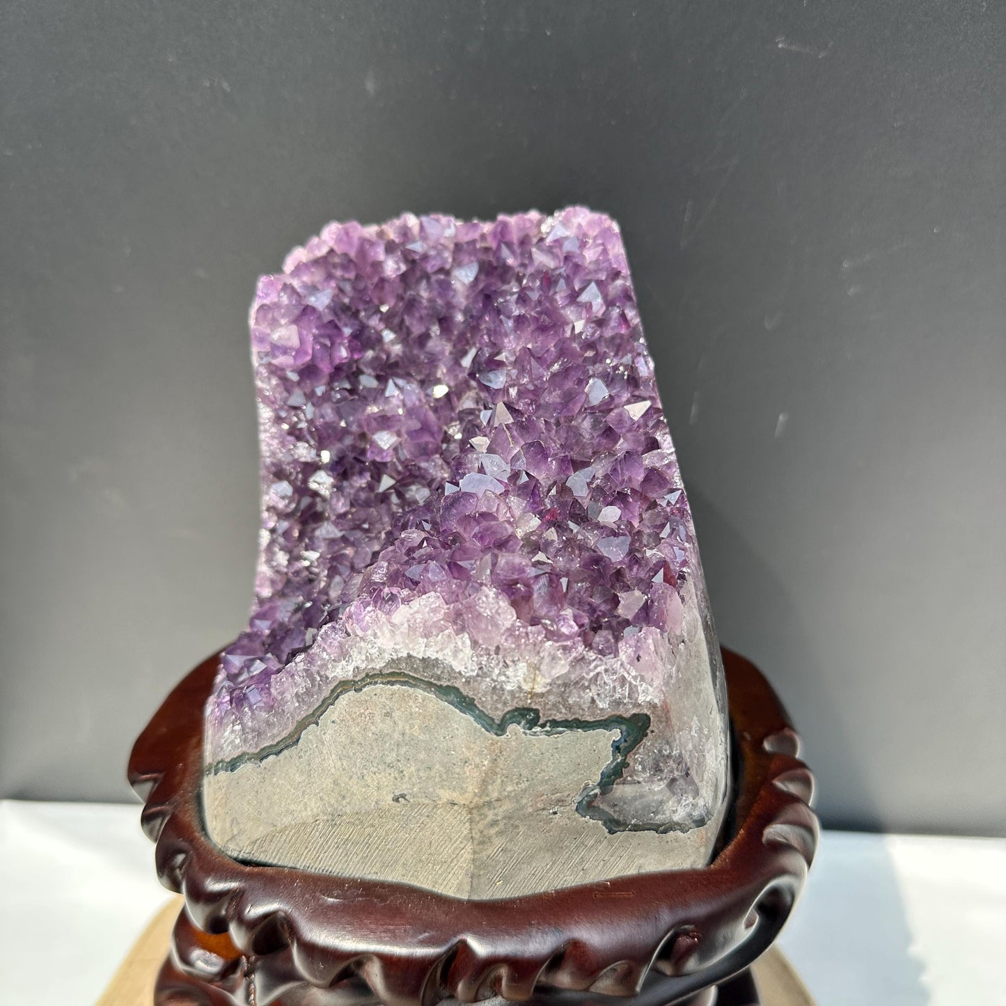 Special Offer 10.2lb Brazilian Amethyst Cluster with Custom Wood Stand, Raw Purple Quartz Geode Decor, Exact Specimen 10.6" Tall