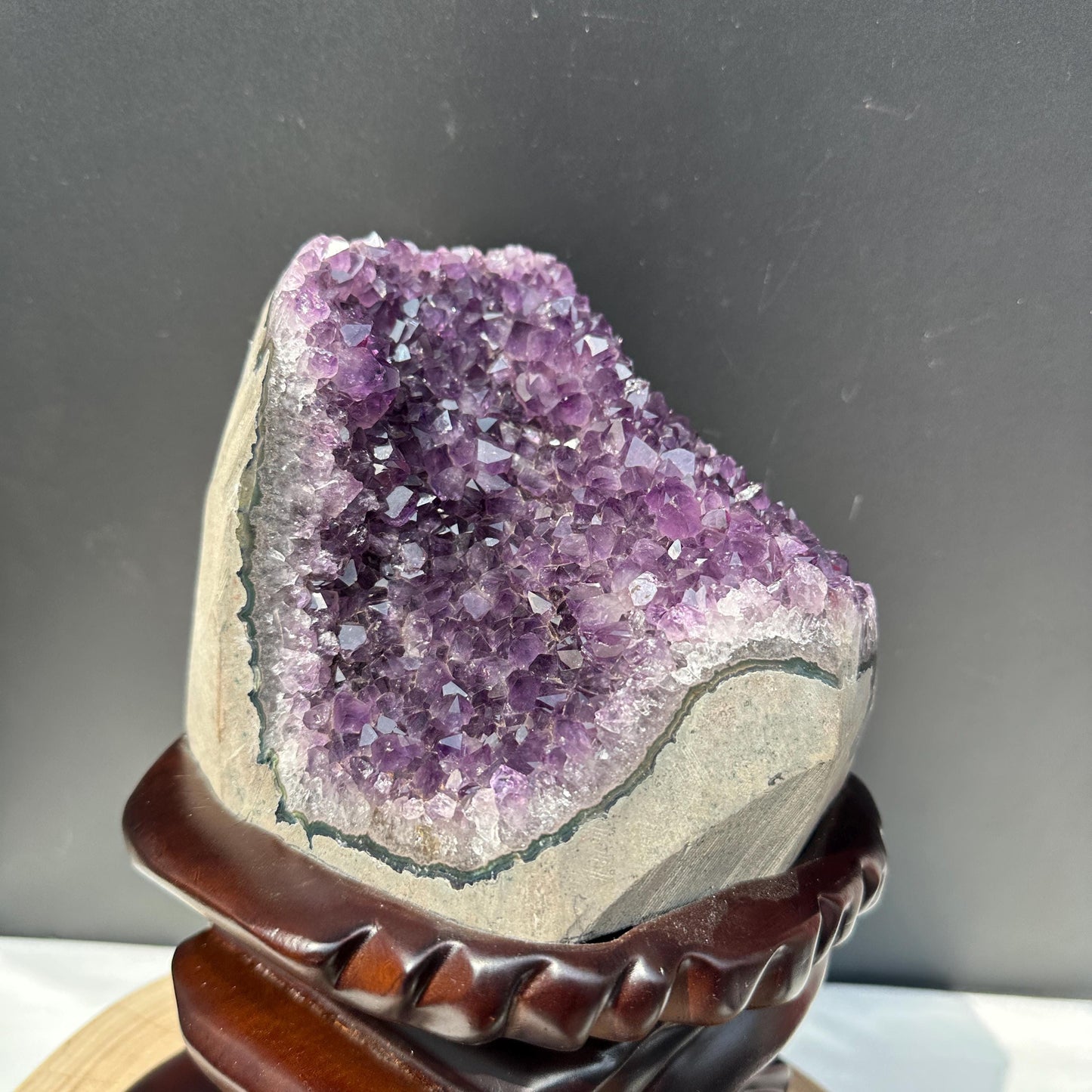 Special Offer 10.2lb Brazilian Amethyst Cluster with Custom Wood Stand, Raw Purple Quartz Geode Decor, Exact Specimen 10.6" Tall - view 8