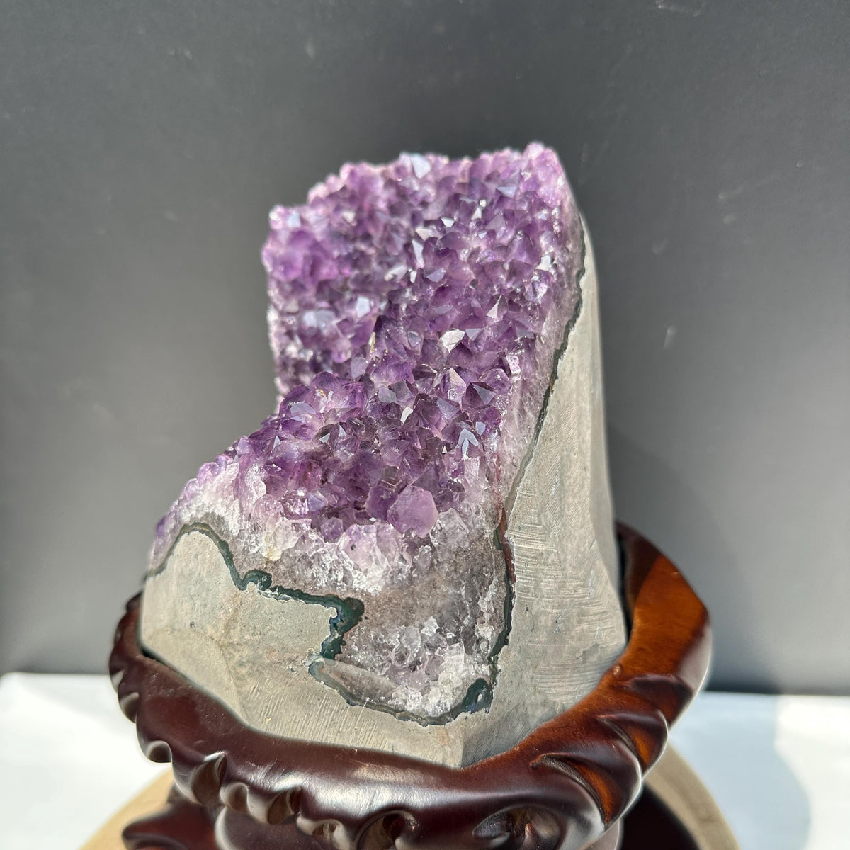 Special Offer 10.2lb Brazilian Amethyst Cluster with Custom Wood Stand, Raw Purple Quartz Geode Decor, Exact Specimen 10.6" Tall - view 3