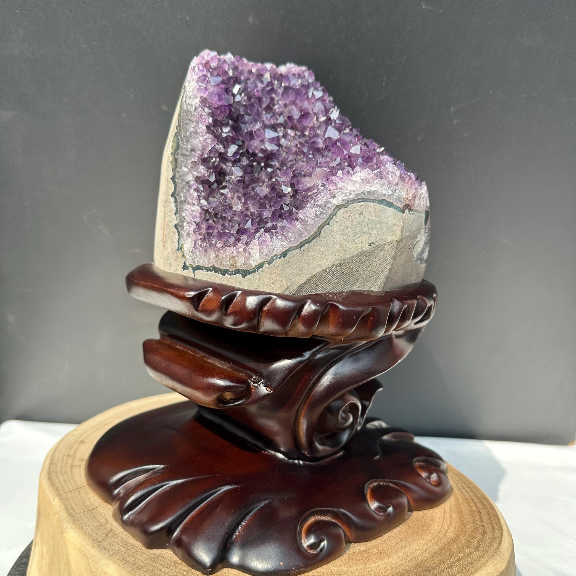 Special Offer 10.2lb Brazilian Amethyst Cluster with Custom Wood Stand, Raw Purple Quartz Geode Decor, Exact Specimen 10.6" Tall - view 10