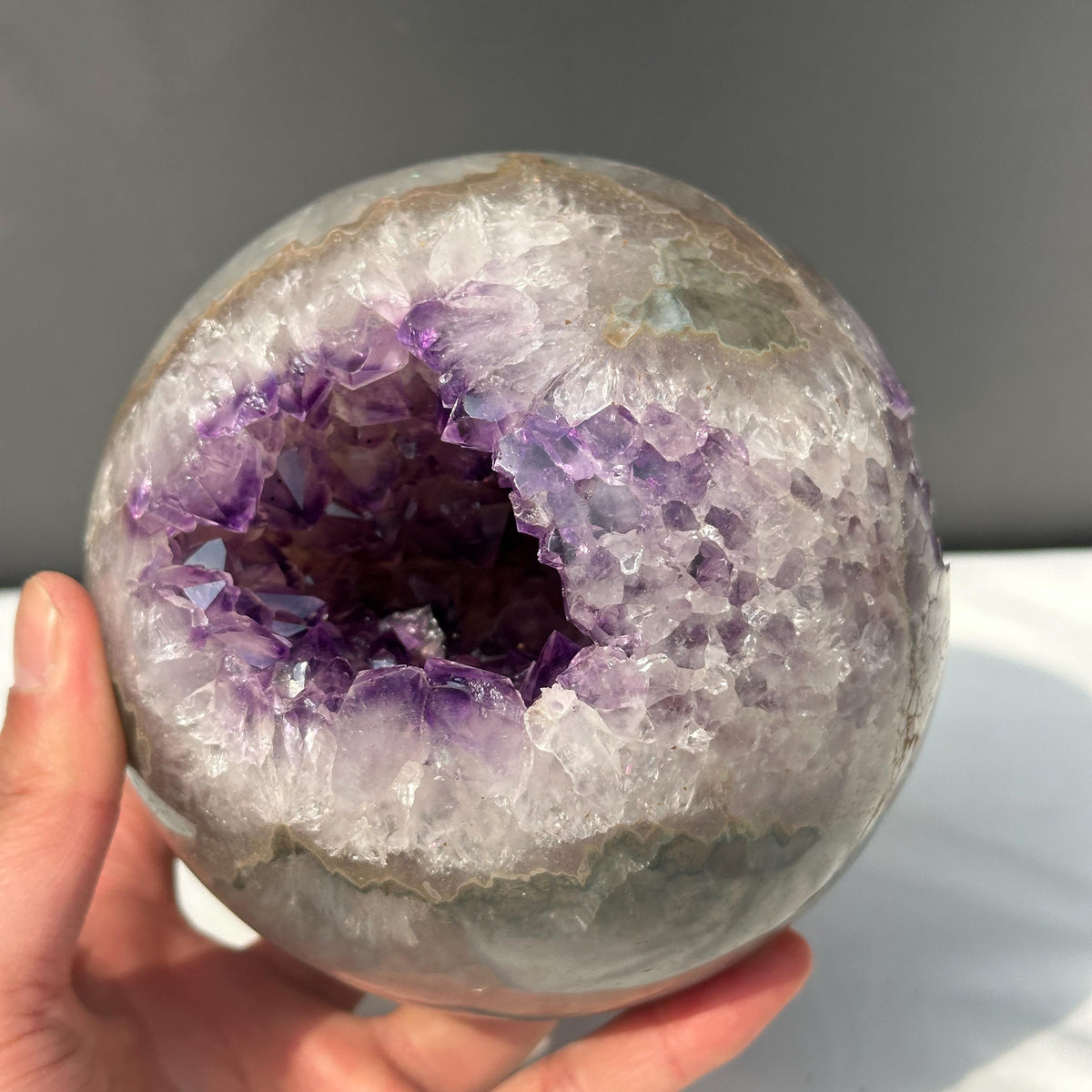 Large Amethyst Geode Sphere, 5.84lb Polished Brazilian Crystal Ball with Deep Purple Caves & Free Stand, Mineral Decor Exact Specimen - view 9