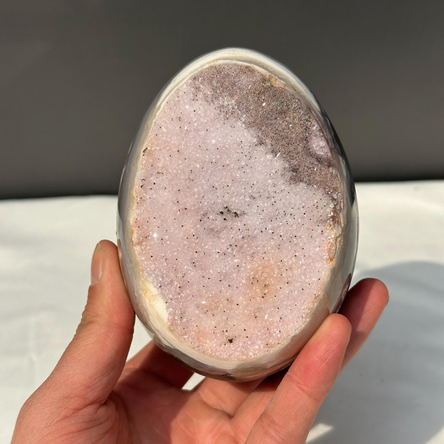 Special Offer Pink Amethyst Dragon Egg, Polished Uruguayan Crystal Geode with Free Stand, Pale Quartz Decor Exact Specimen 1.98lb