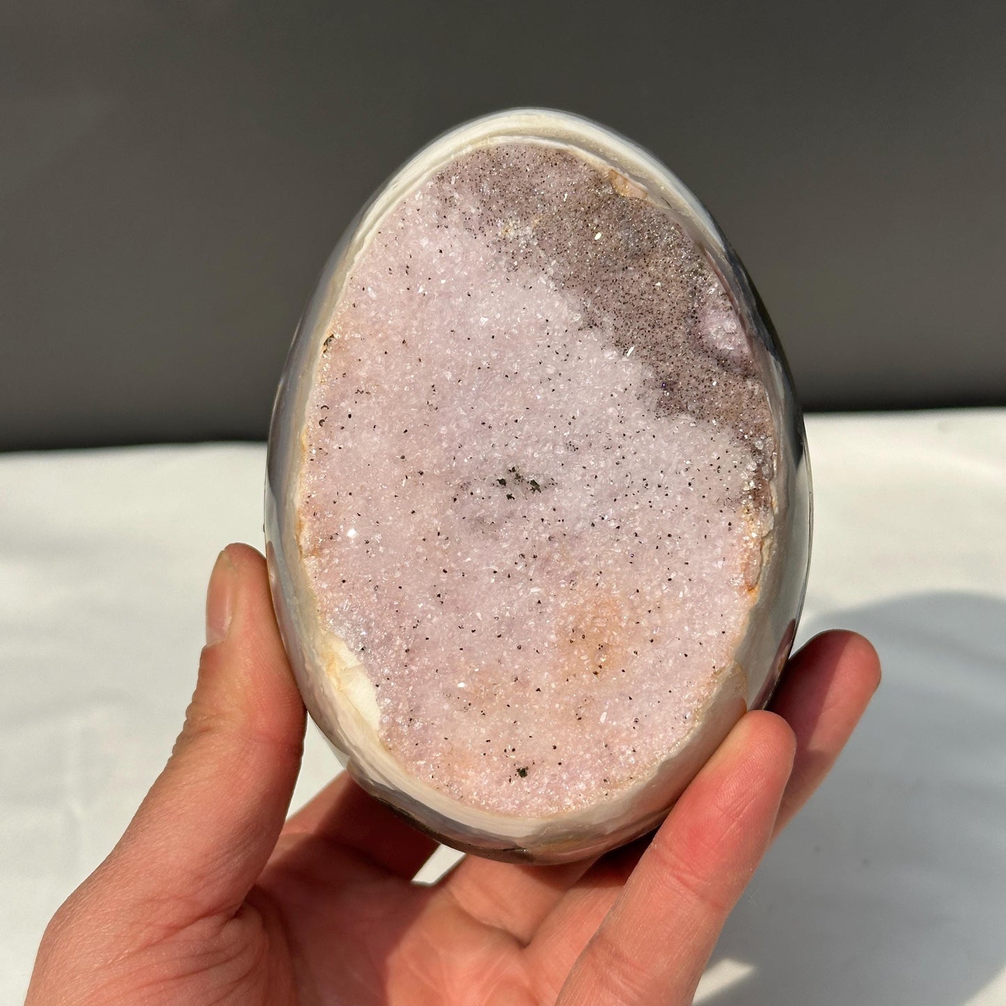 Special Offer Pink Amethyst Dragon Egg, Polished Uruguayan Crystal Geode with Free Stand, Pale Quartz Decor Exact Specimen 1.98lb - view 1