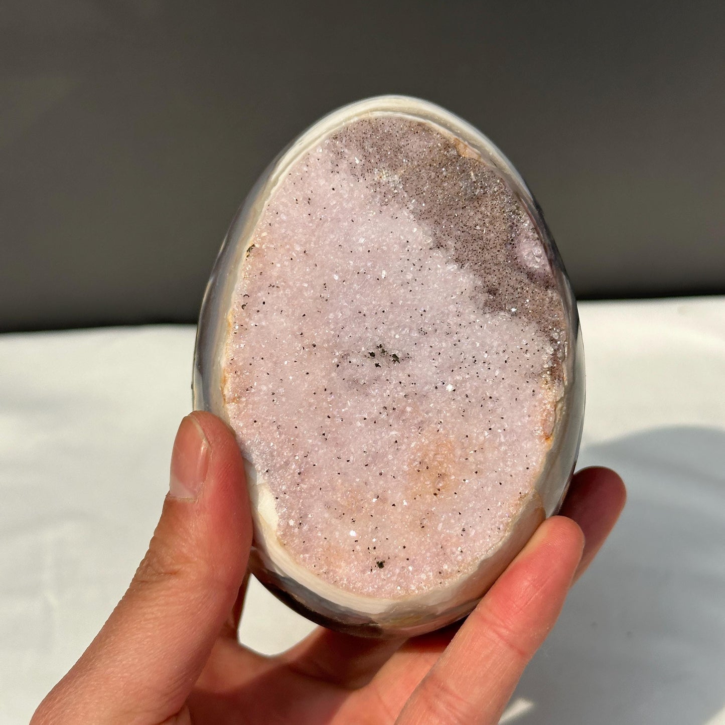 Special Offer Pink Amethyst Dragon Egg, Polished Uruguayan Crystal Geode with Free Stand, Pale Quartz Decor Exact Specimen 1.98lb
