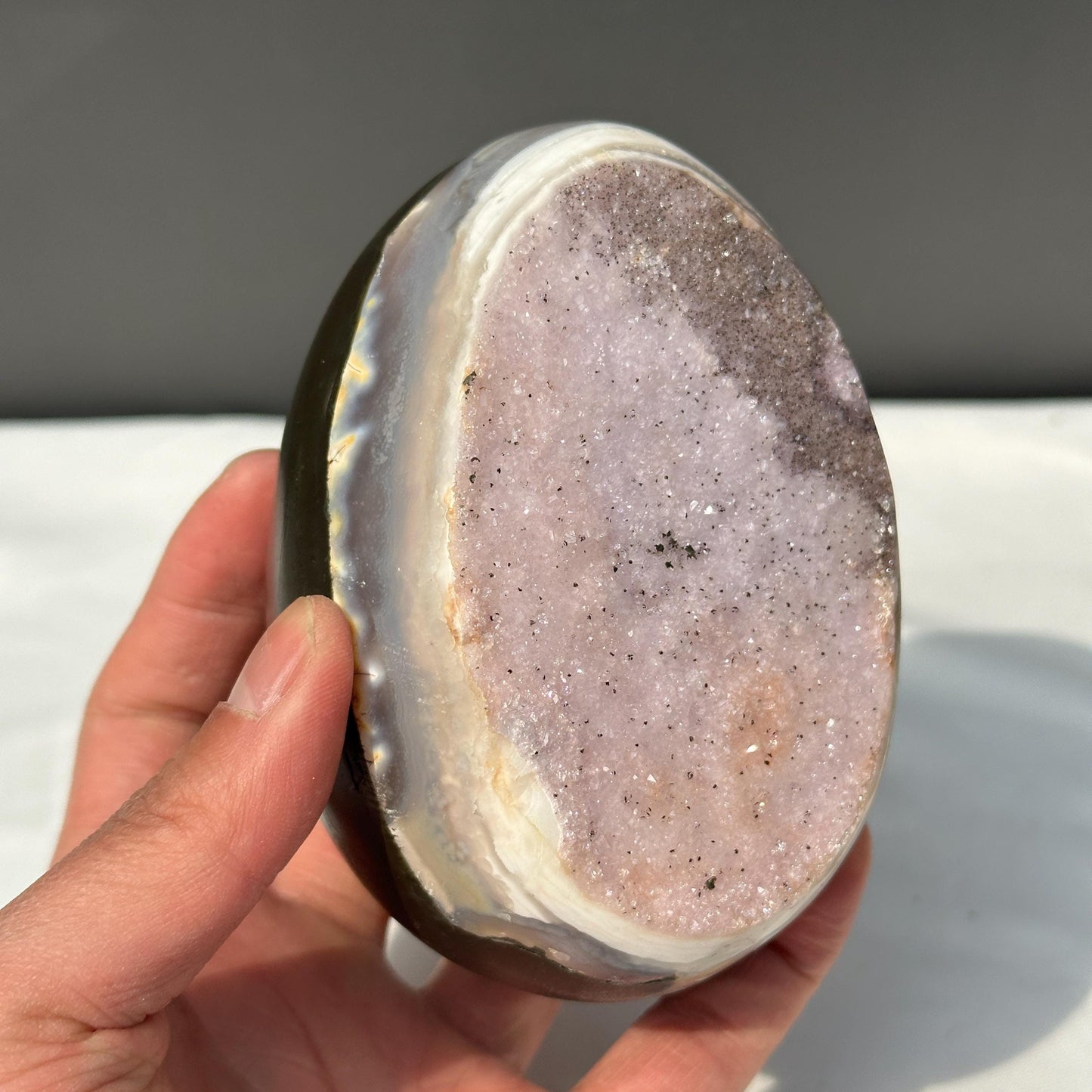 Special Offer Pink Amethyst Dragon Egg, Polished Uruguayan Crystal Geode with Free Stand, Pale Quartz Decor Exact Specimen 1.98lb - view 8