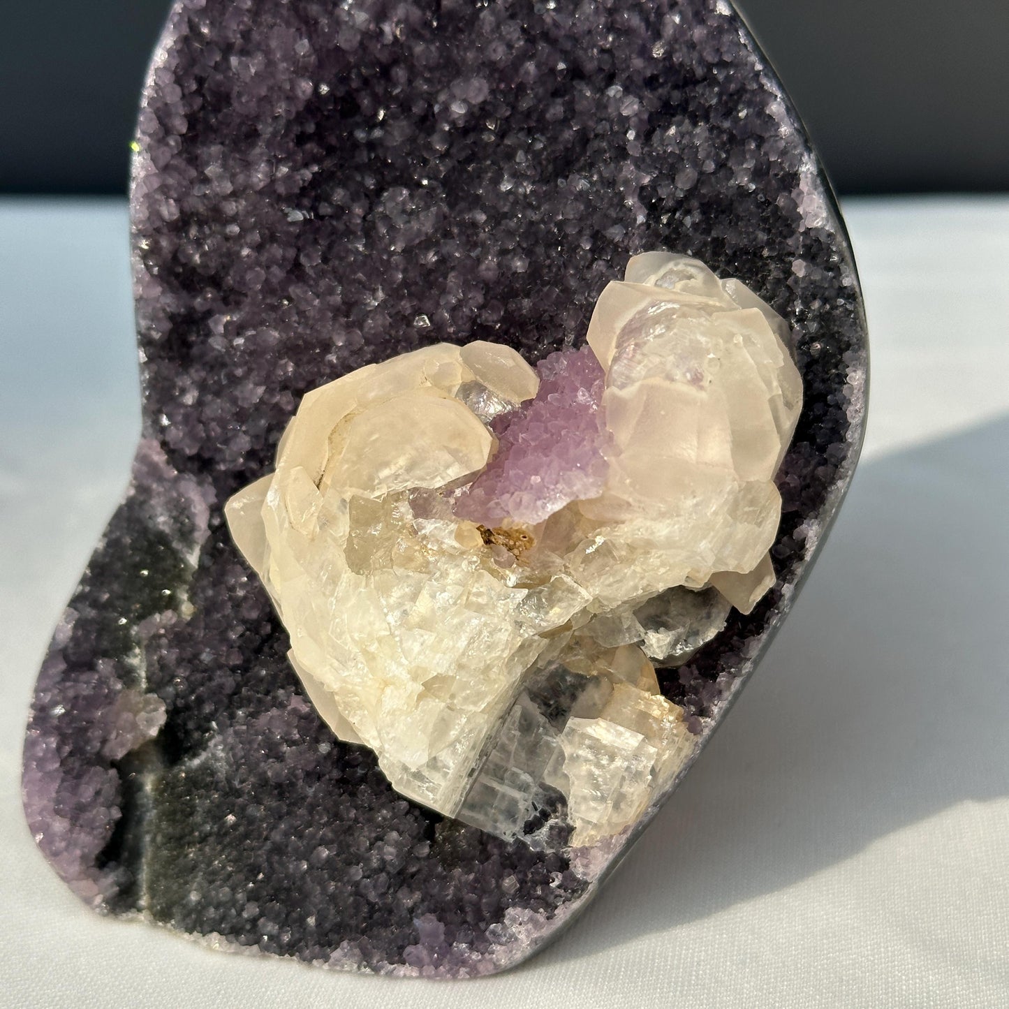 Rare Uruguayan Amethyst Geode with Huge Calcite Symbiosis, Deep Purple Quartz Freeform, Polished Crystal Specimen Decor Exact