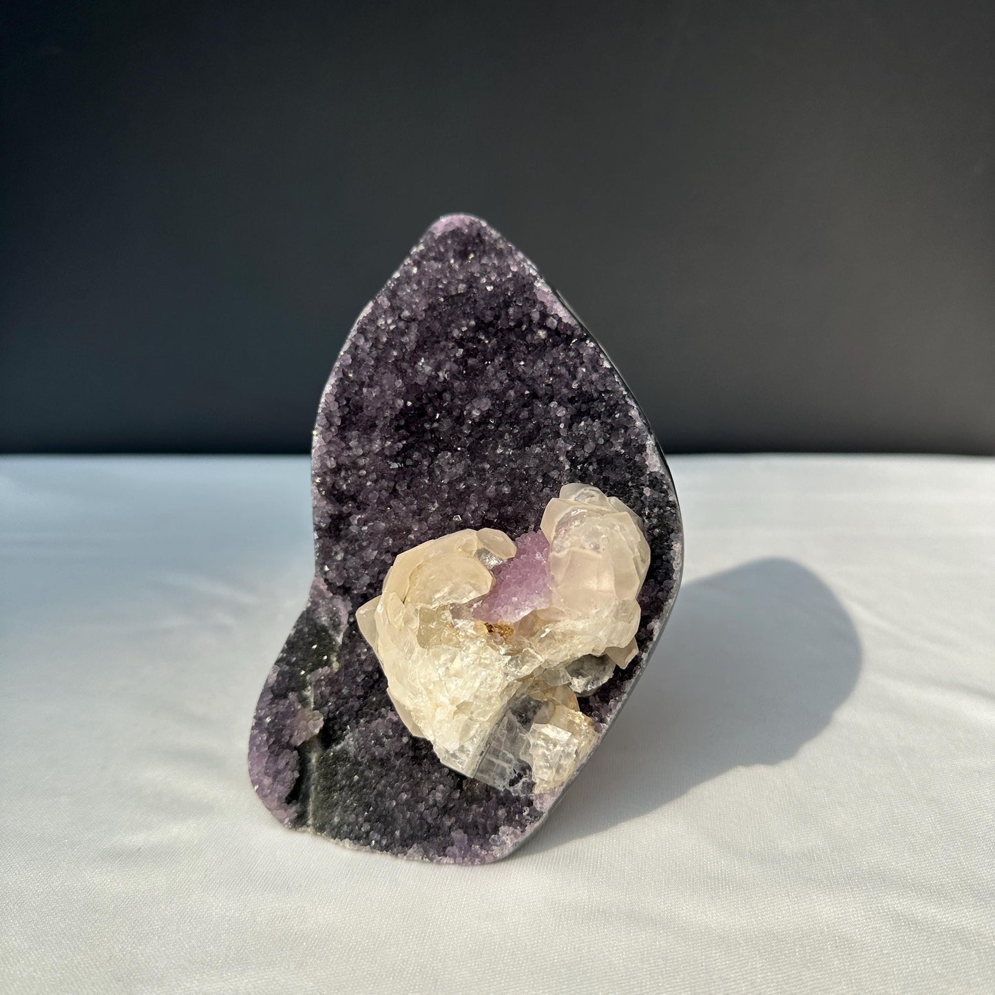 Rare Uruguayan Amethyst Geode with Huge Calcite Symbiosis, Deep Purple Quartz Freeform, Polished Crystal Specimen Decor Exact