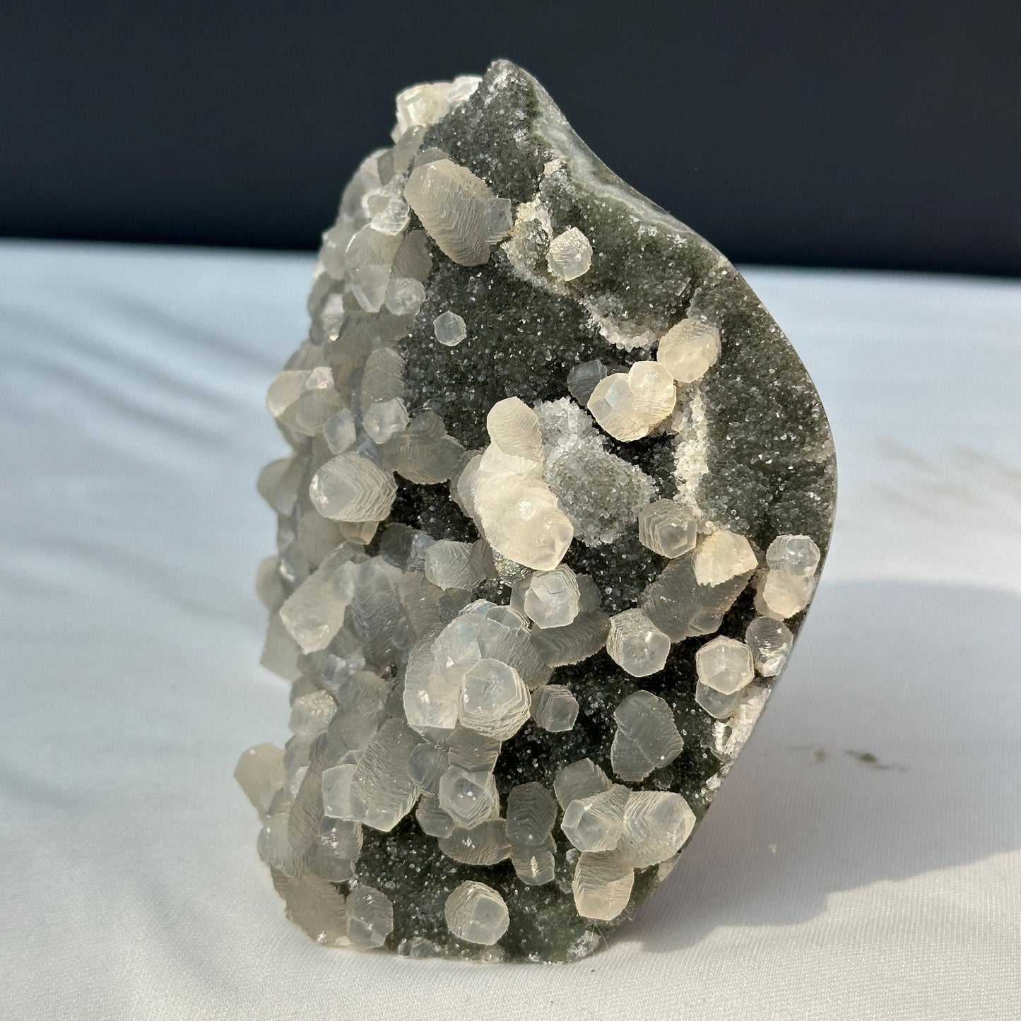 Rare Uruguayan Green Amethyst with Rainbow Calcite Symbiosis, Polished Crystal Cluster Specimen, Mineral Geode Decor Exact 1.65lb