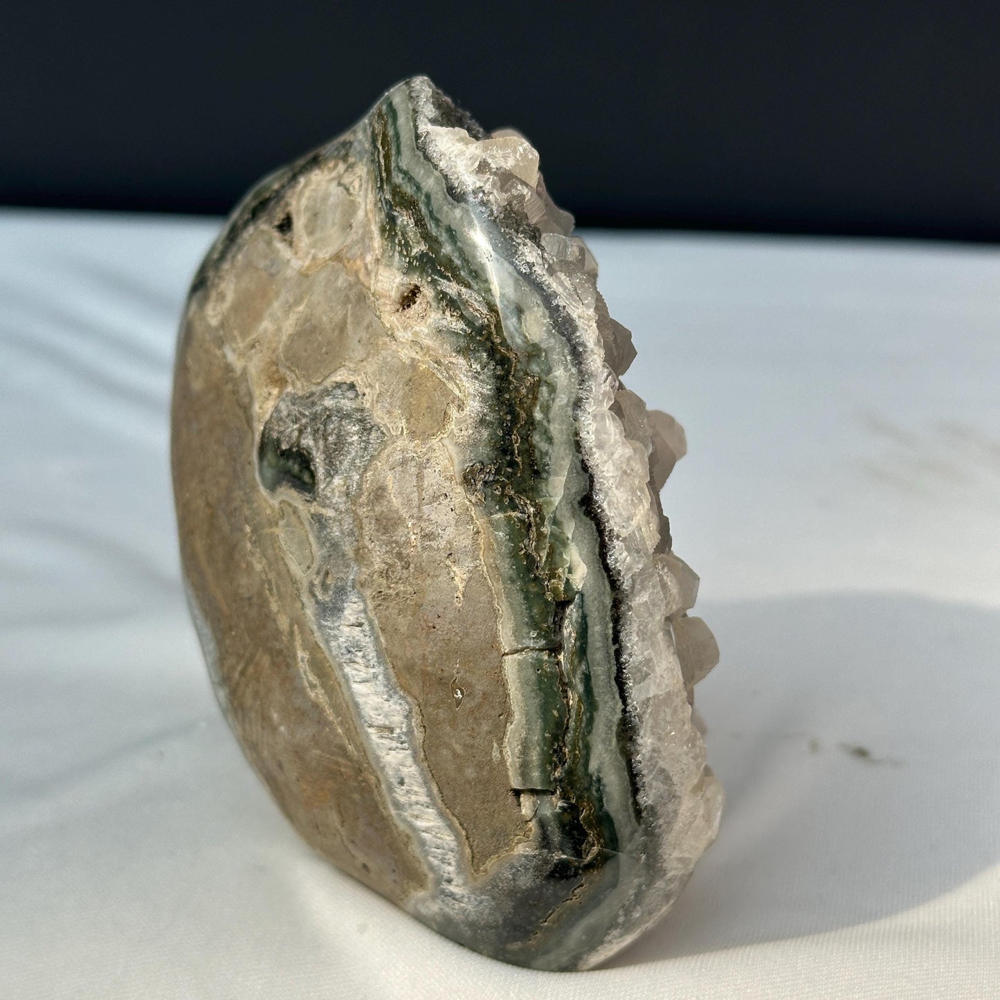 Rare Uruguayan Green Amethyst with Rainbow Calcite Symbiosis, Polished Crystal Cluster Specimen, Mineral Geode Decor Exact 1.65lb