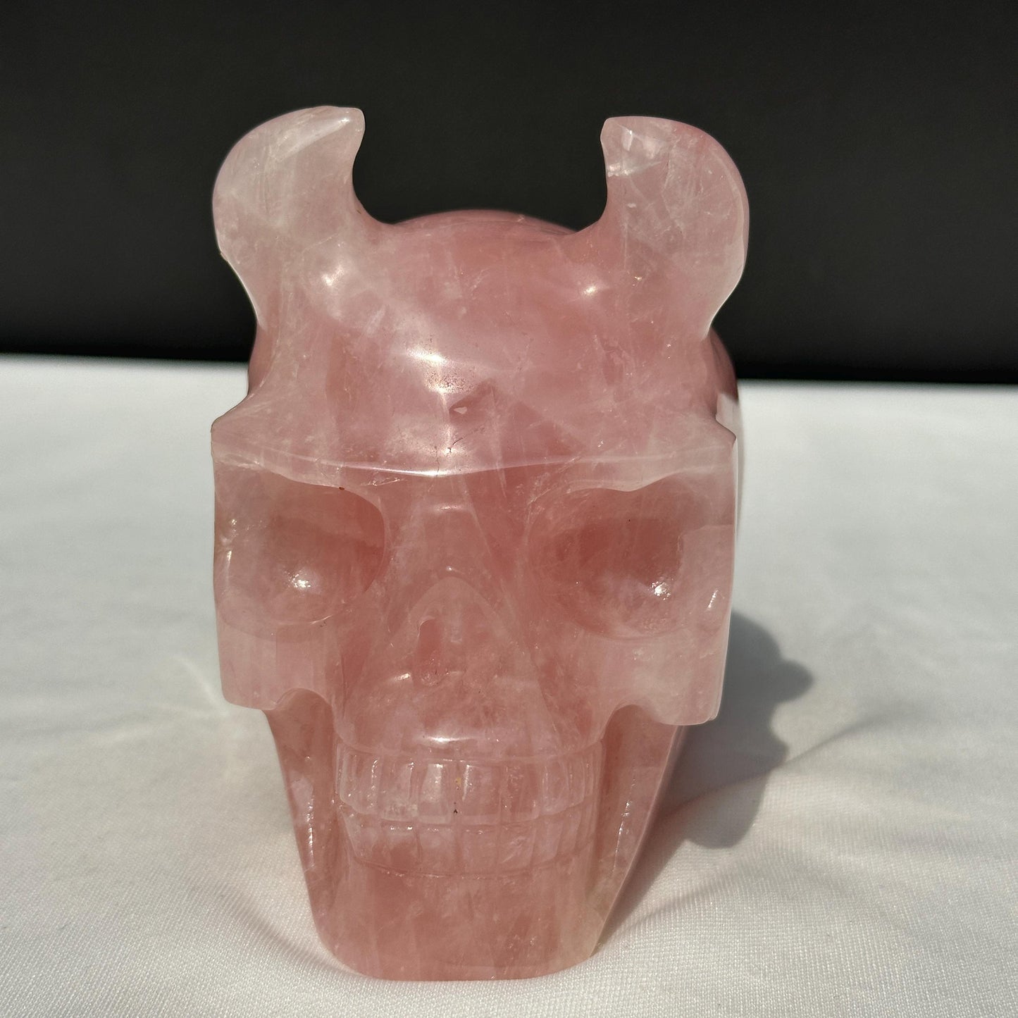 Large Rose Quartz Horned Skull, Hand Carved Pink Crystal Demon Skull, Heavy Polished Gemstone Gargoyle Decor Exact Specimen 2.7lb