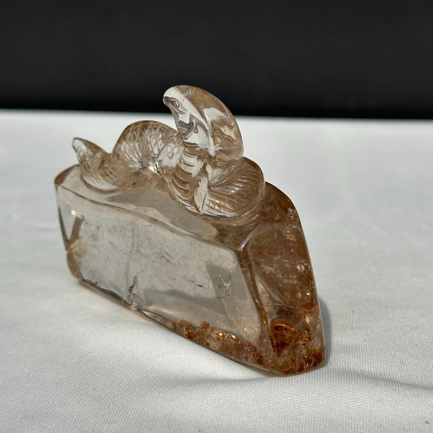 Hand-Carved Quartz Cobra Snake on Raw Matrix, Self-Mined Brazilian Smoky & Clear Crystal Sculptures, Reptile Decor Exact Specimen