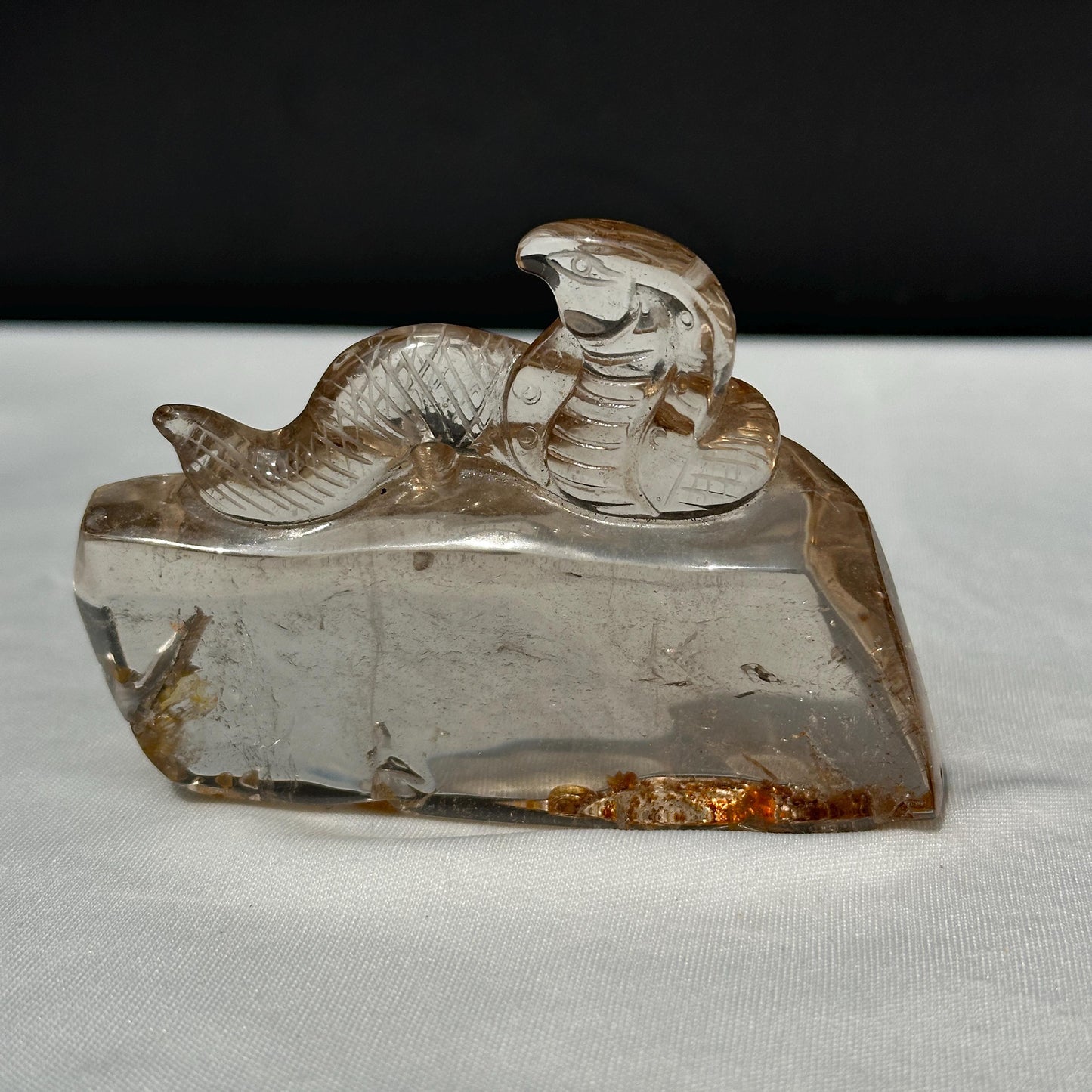 Hand-Carved Quartz Cobra Snake on Raw Matrix, Self-Mined Brazilian Smoky & Clear Crystal Sculptures, Reptile Decor Exact Specimen