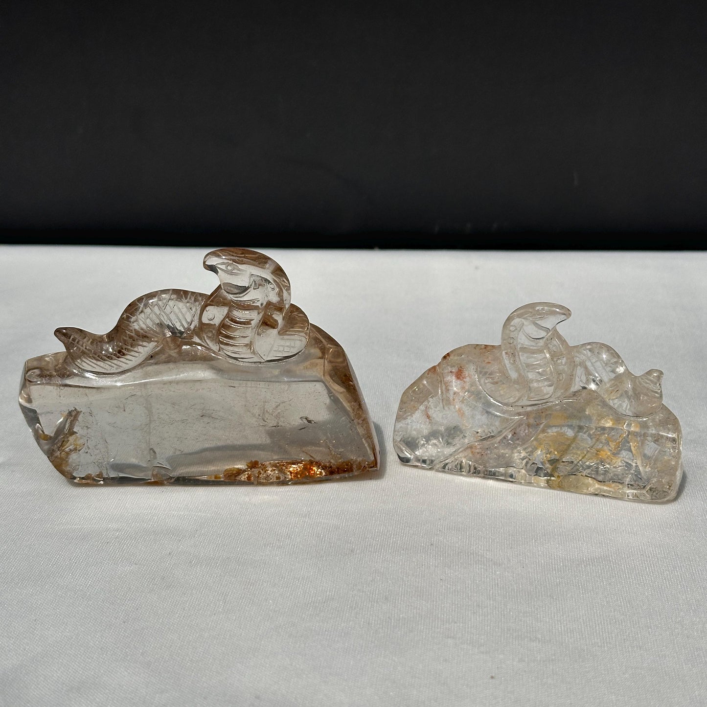 Hand-Carved Quartz Cobra Snake on Raw Matrix, Self-Mined Brazilian Smoky & Clear Crystal Sculptures, Reptile Decor Exact Specimen